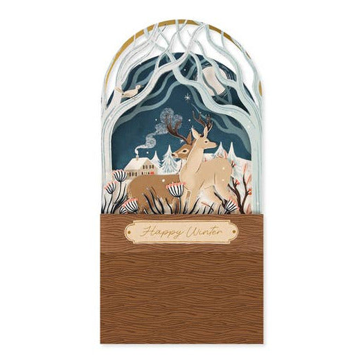 Greeting card with deer illustration and 'Happy Winter' text on a white background