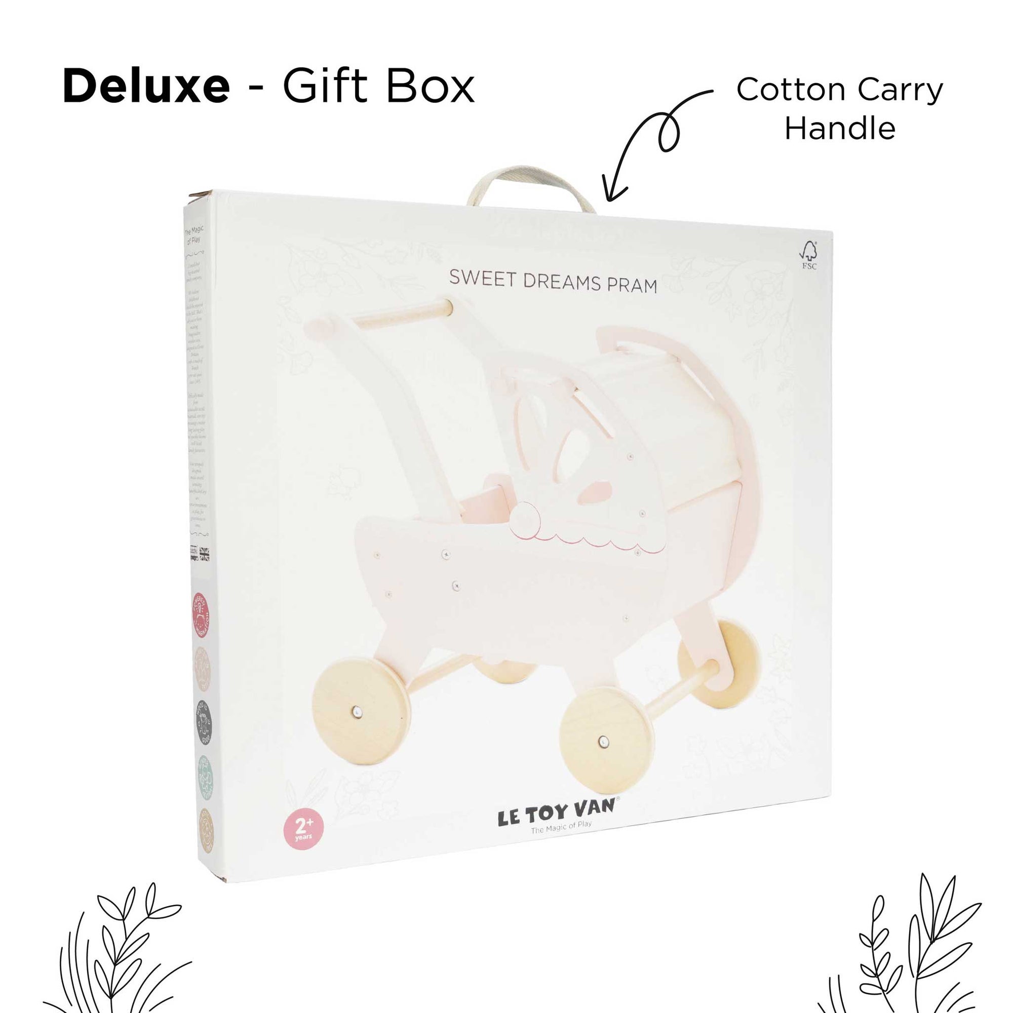 Gift box packaging for a pram toy with 'Le Toy Van' branding on a white background.