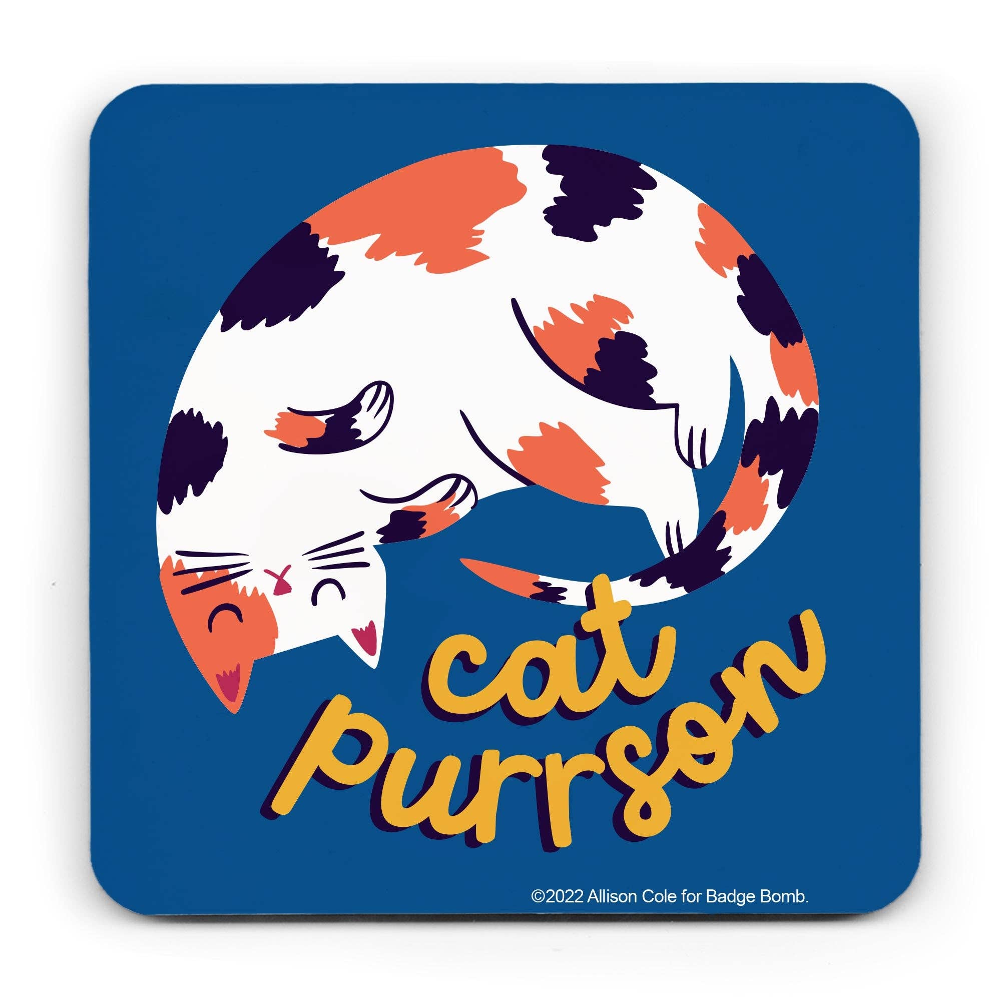 Coaster with a cat illustration and 'cat purrson' text on a blue background