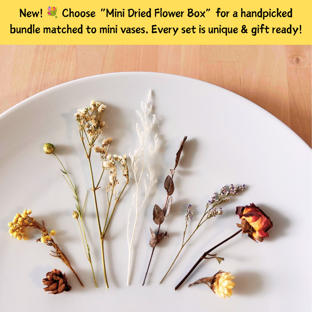 A white ceramic plate displaying a curated collection of dried botanicals, including small white flowers, delicate white grasses, a brown pinecone, and a dried red rose, set against a light wood background with a yellow promotional text banner at the top.
