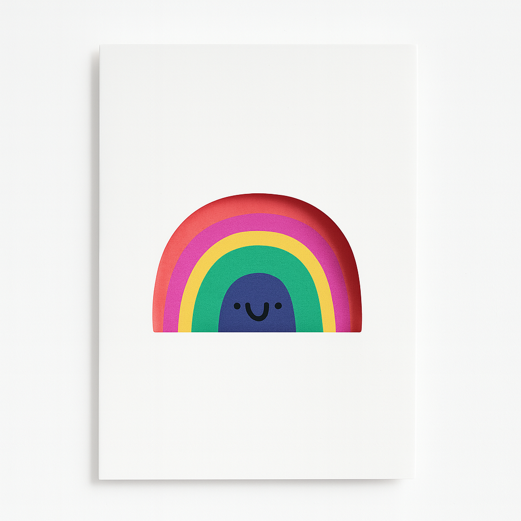 Colorful rainbow with a smiling face on a white background