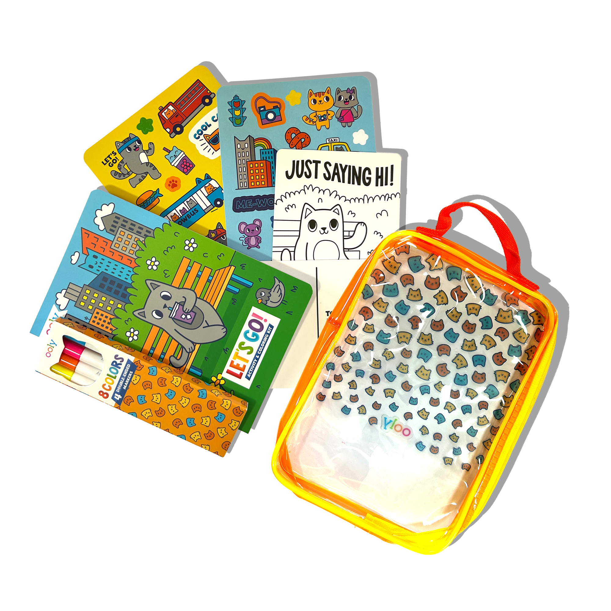 Set of children's books with a cat-themed pouch on a white background