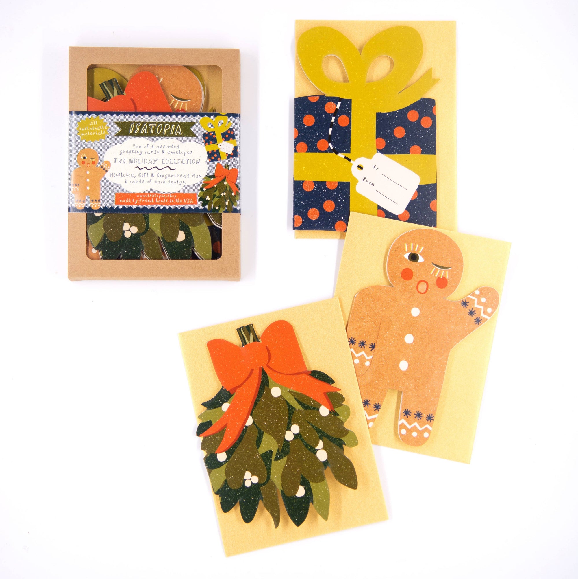 Set of Christmas-themed greeting cards with gingerbread men and mistletoe designs on a white background.