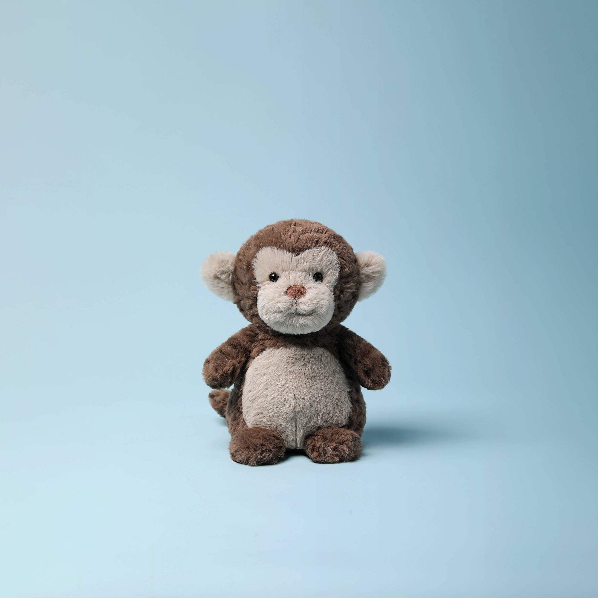 A small plush monkey toy with brown fur and a cream-colored face and belly, sitting centered against a solid light blue background.
