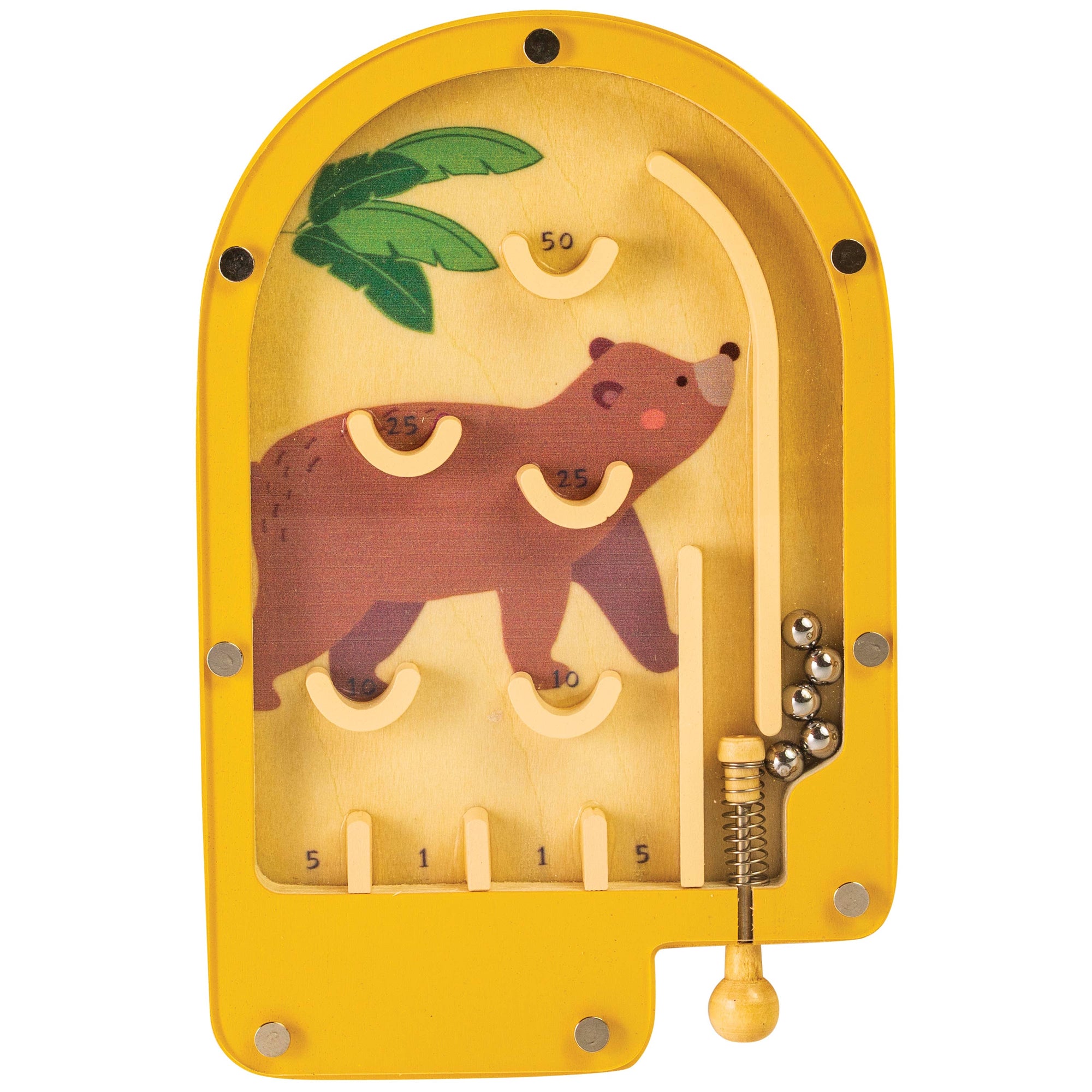 Wooden toy with a bear design on a yellow background