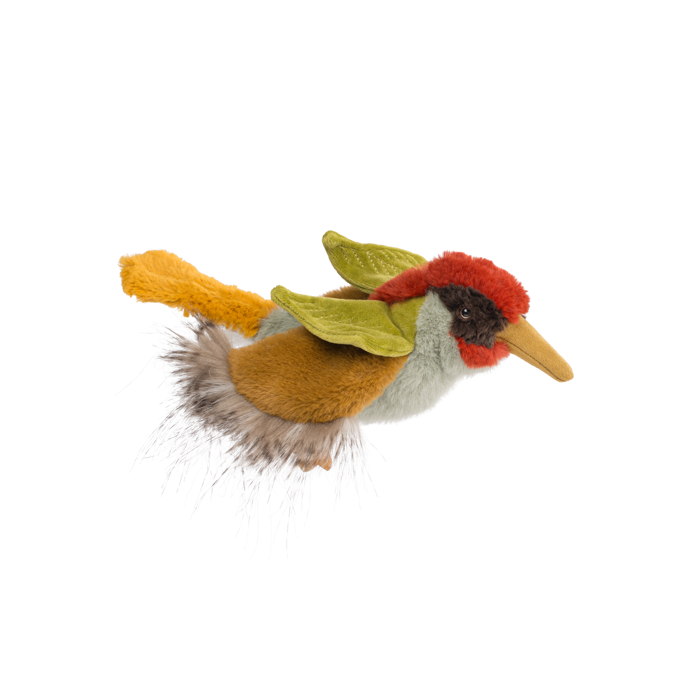 Plush toy resembling a bird with a red head and green wings on a white background