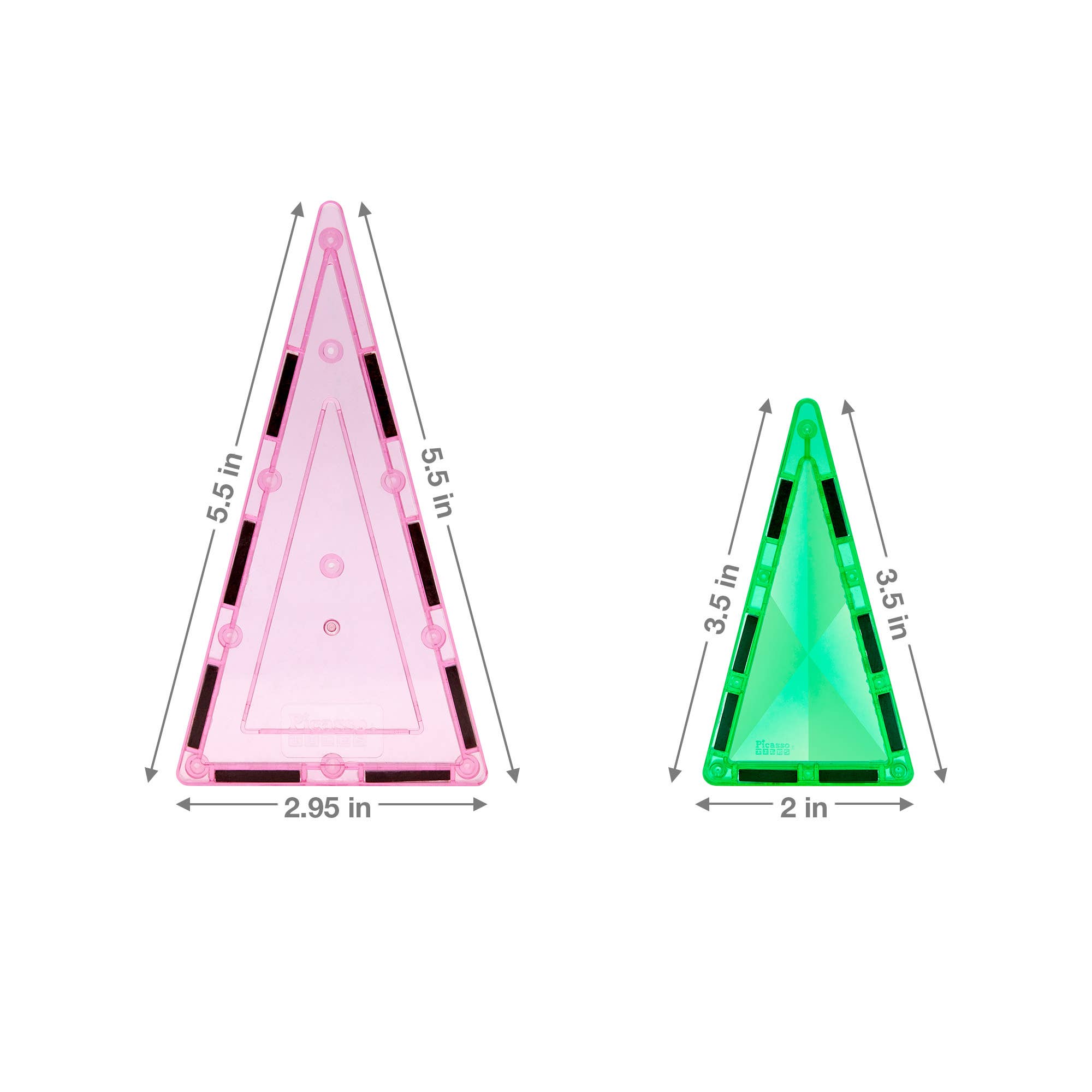 Two triangular pyramid-shaped objects, one pink and one green, with measurements indicated on a white background.
