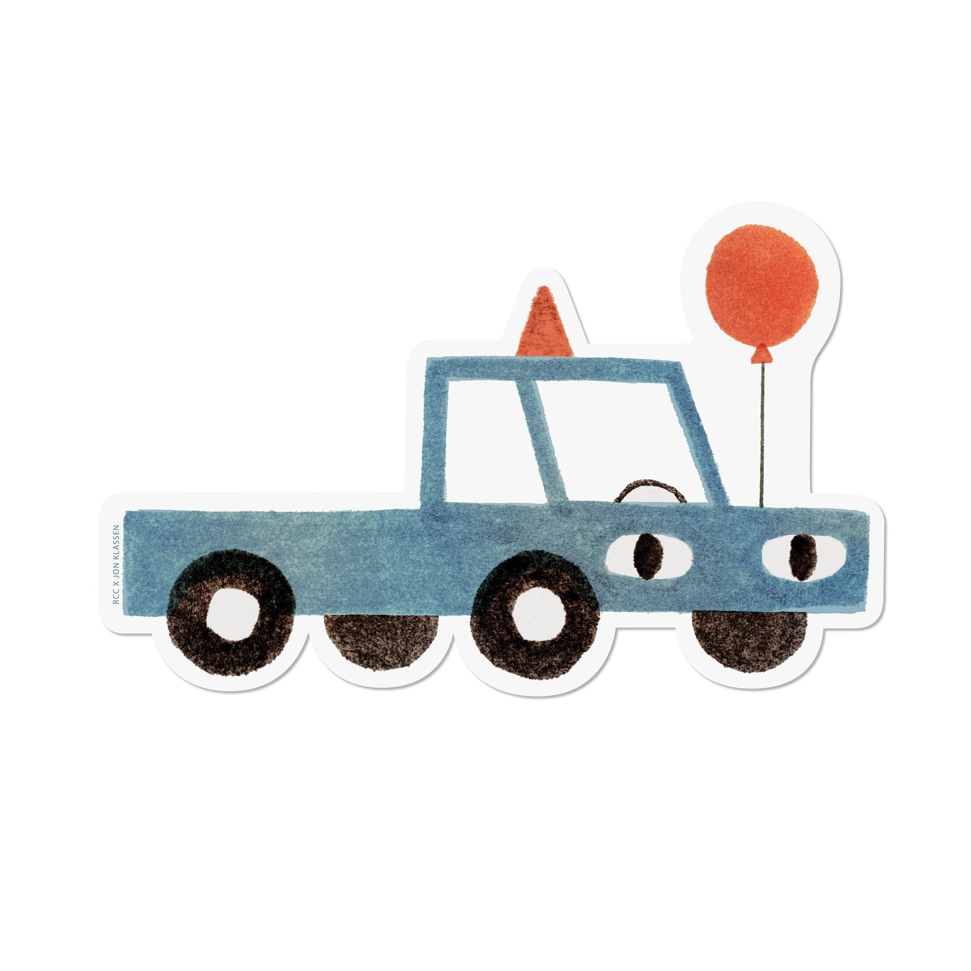 Cartoon blue car with black wheels and a red balloon on a white background
