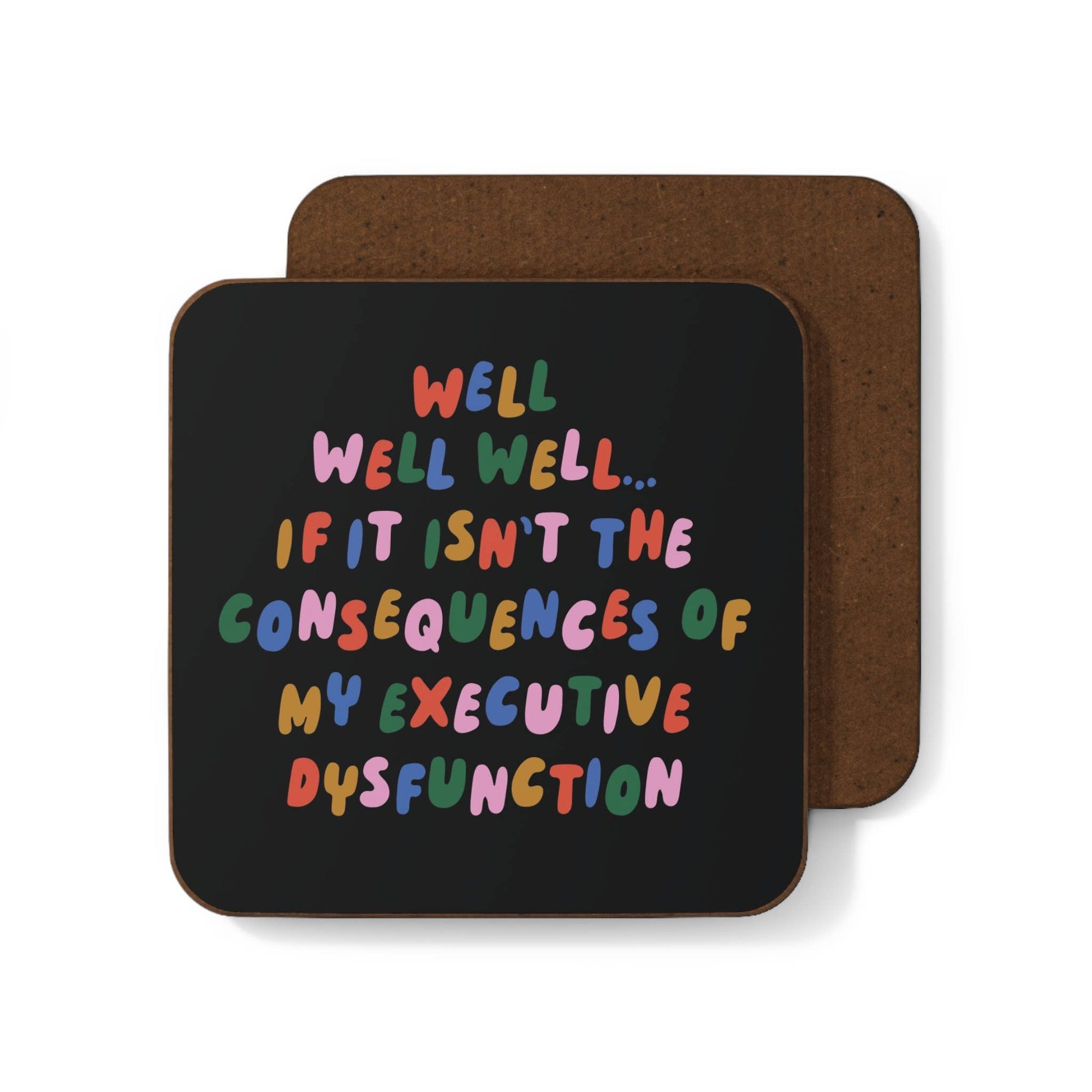 Coaster with colorful text on a black background
