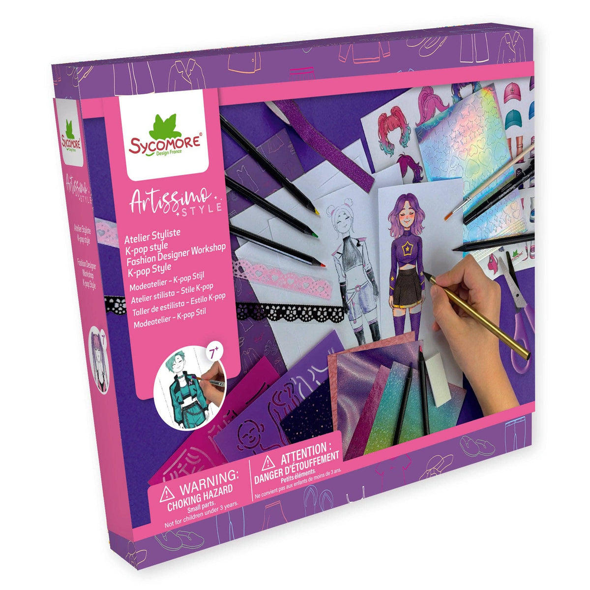 Sxgmore Artissimo Style fashion designer kit in a purple box, showing illustrated fashion design components and a hand holding a paintbrush, on a white background.