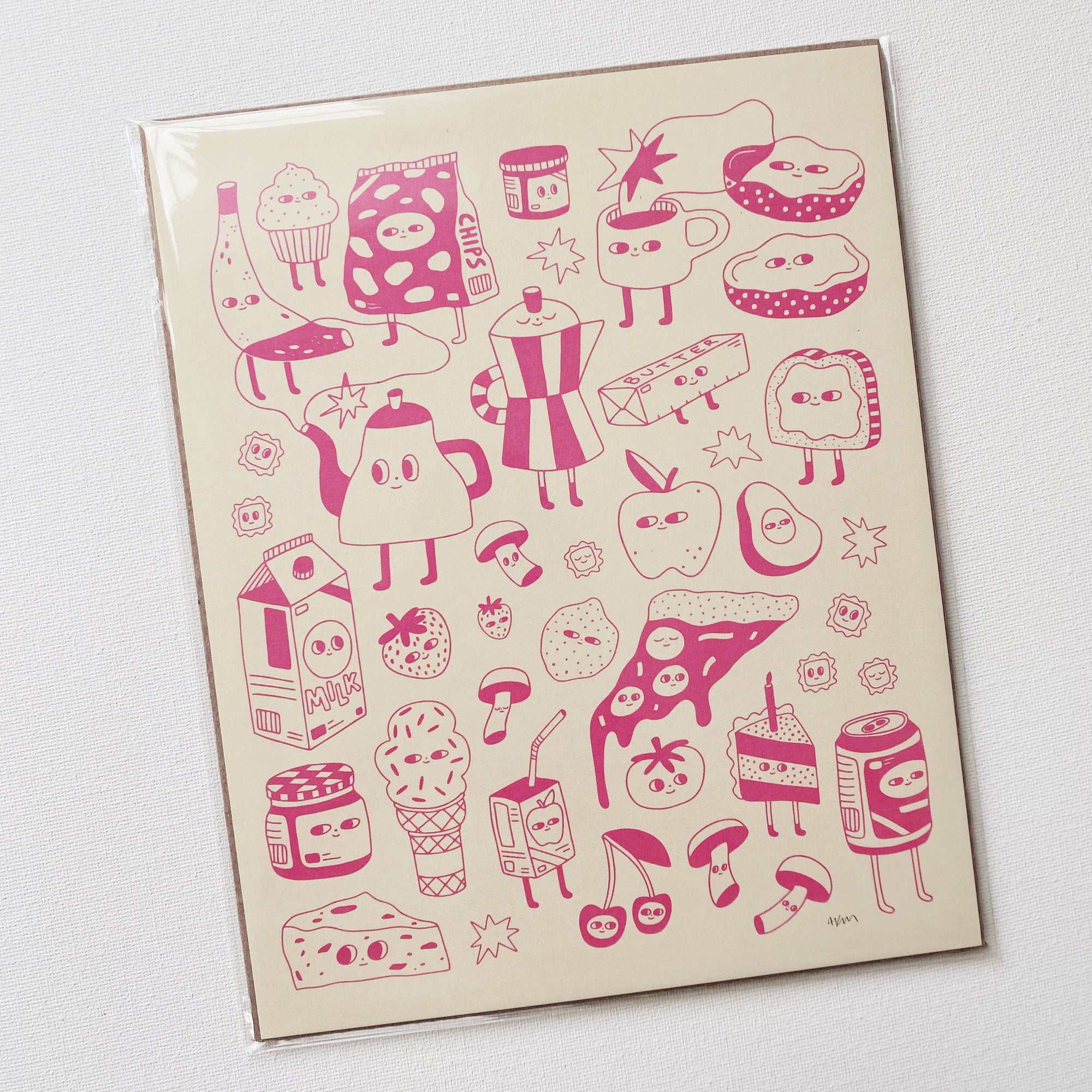 Notebook with pink food-themed illustrations on a white background