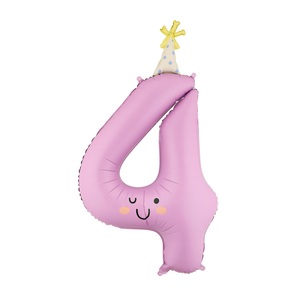Pink balloon shaped like the number 4 with a face and party hat on a white background