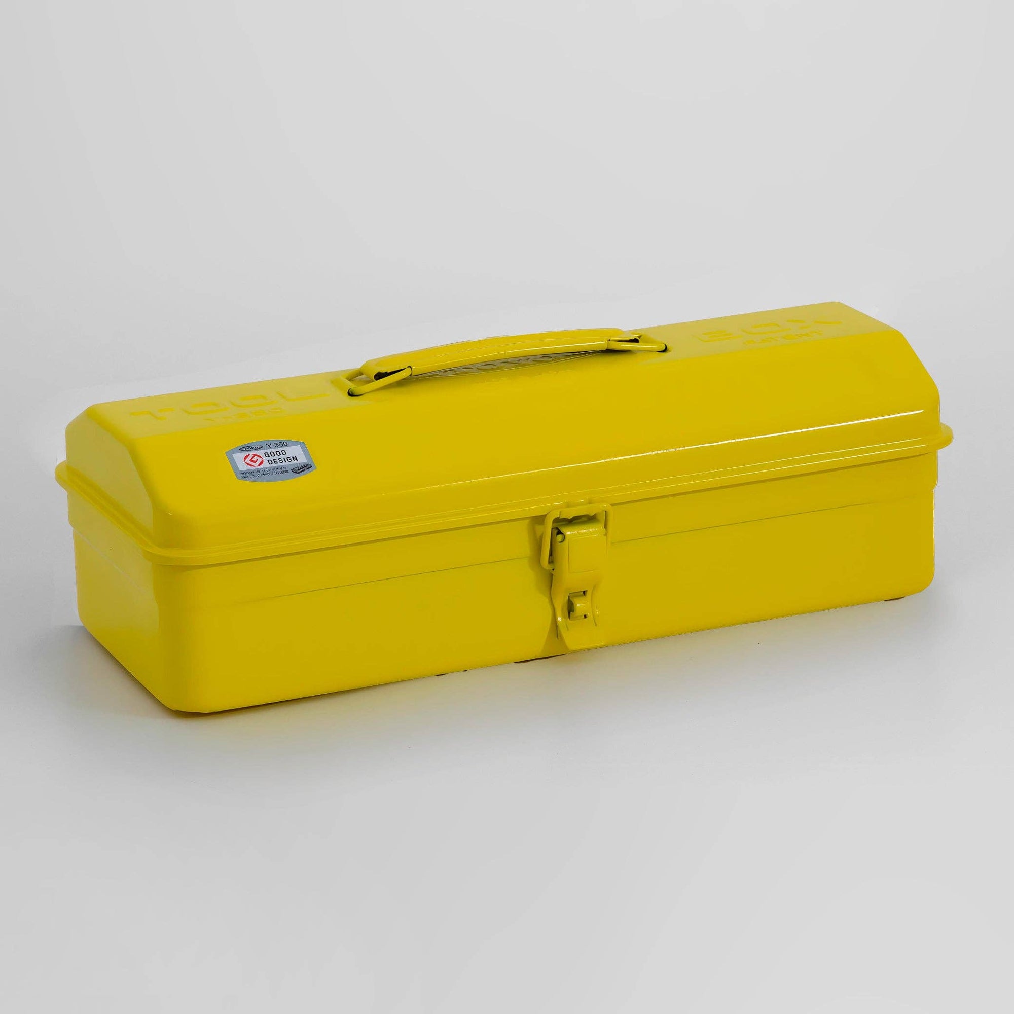 Yellow toolbox with a visible brand logo on a light gray background