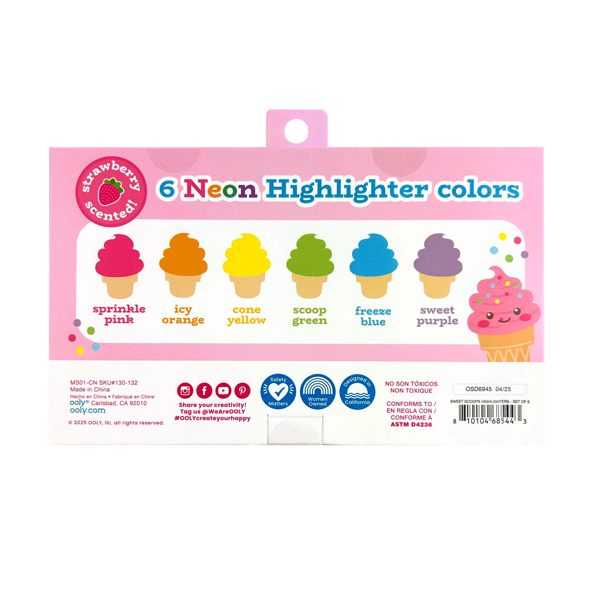 Packaging of Strawberry Scented Neon Highlighters with colorful ice cream cone illustrations on a pink background.