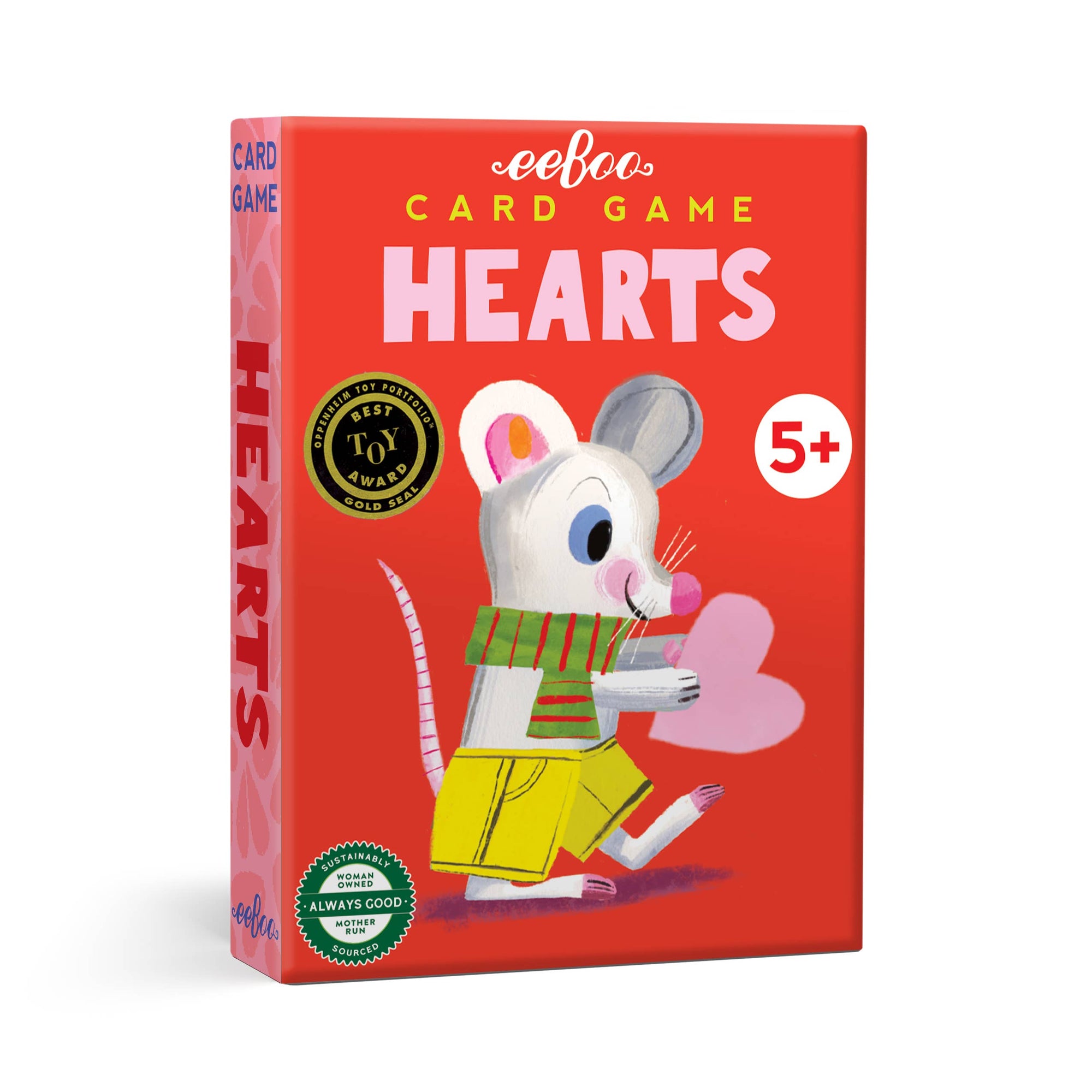 Red card game box for 'Hearts' with a cartoon mouse character on a white background