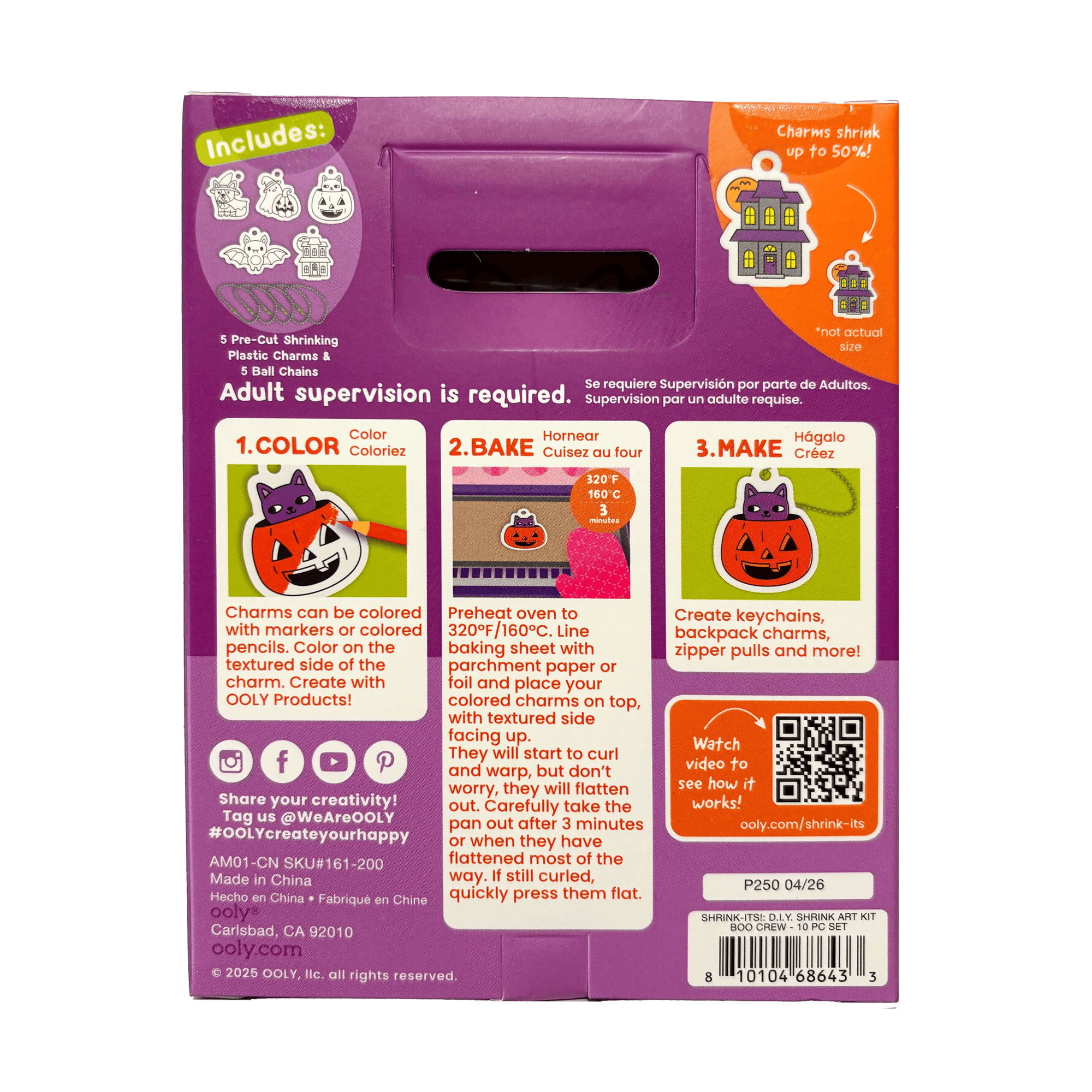 Back of a purple packaging with Halloween-themed instructions and graphics.
