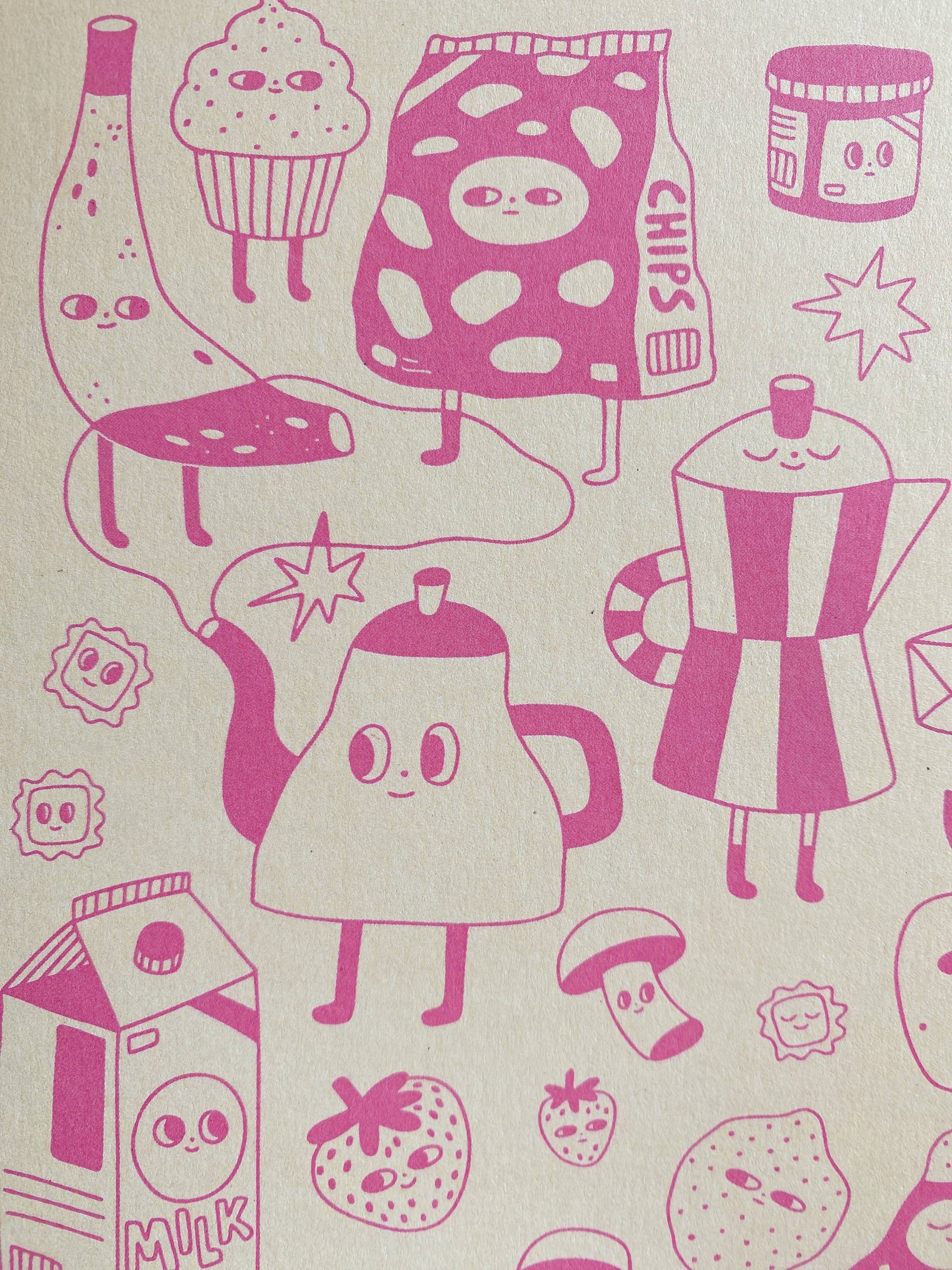 Pattern of pink food and kitchen items on a beige background