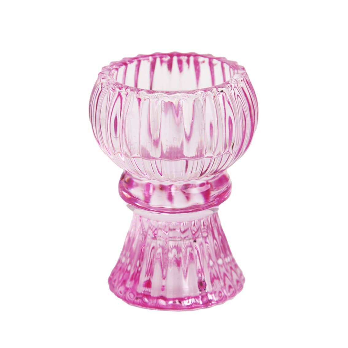 Pink glass candle holder on a white background