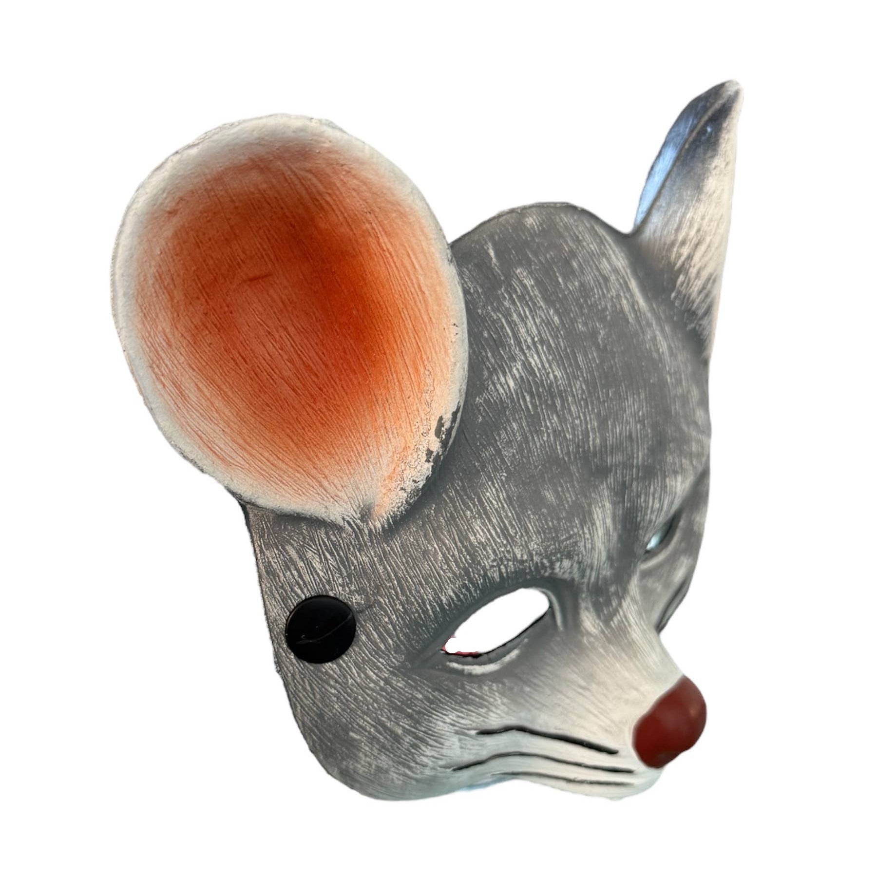 Mouse mask with gray body, orange ears, and black eyes on a white background