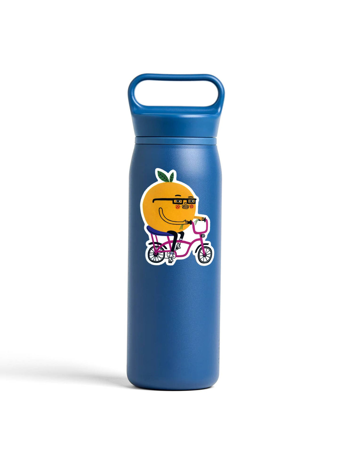 A blue insulated water bottle with a matching lid and carry loop, featuring a cartoon orange character riding a pink bicycle on the front, set against a plain white background.