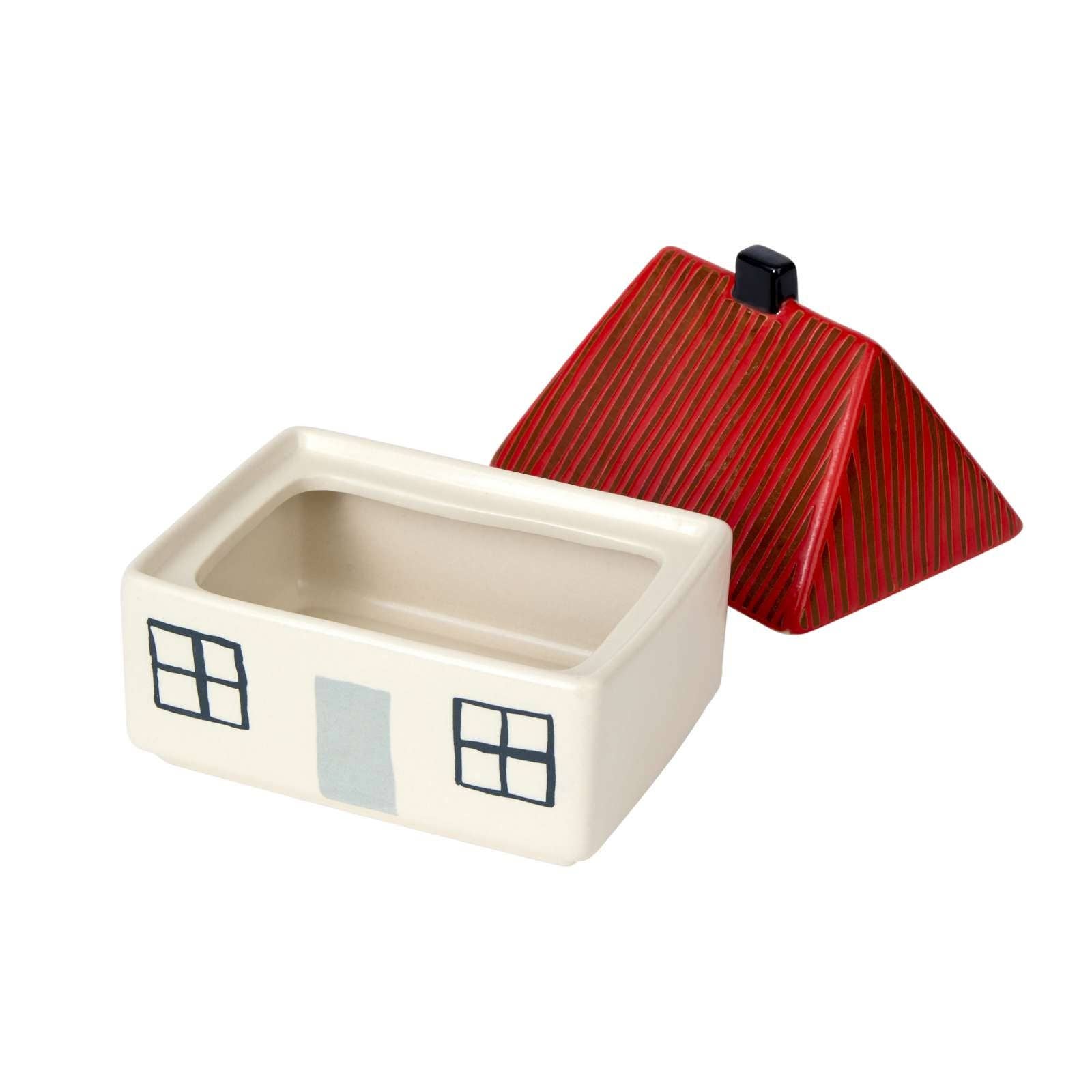 Small ceramic house-shaped planter with a red roof on a white background
