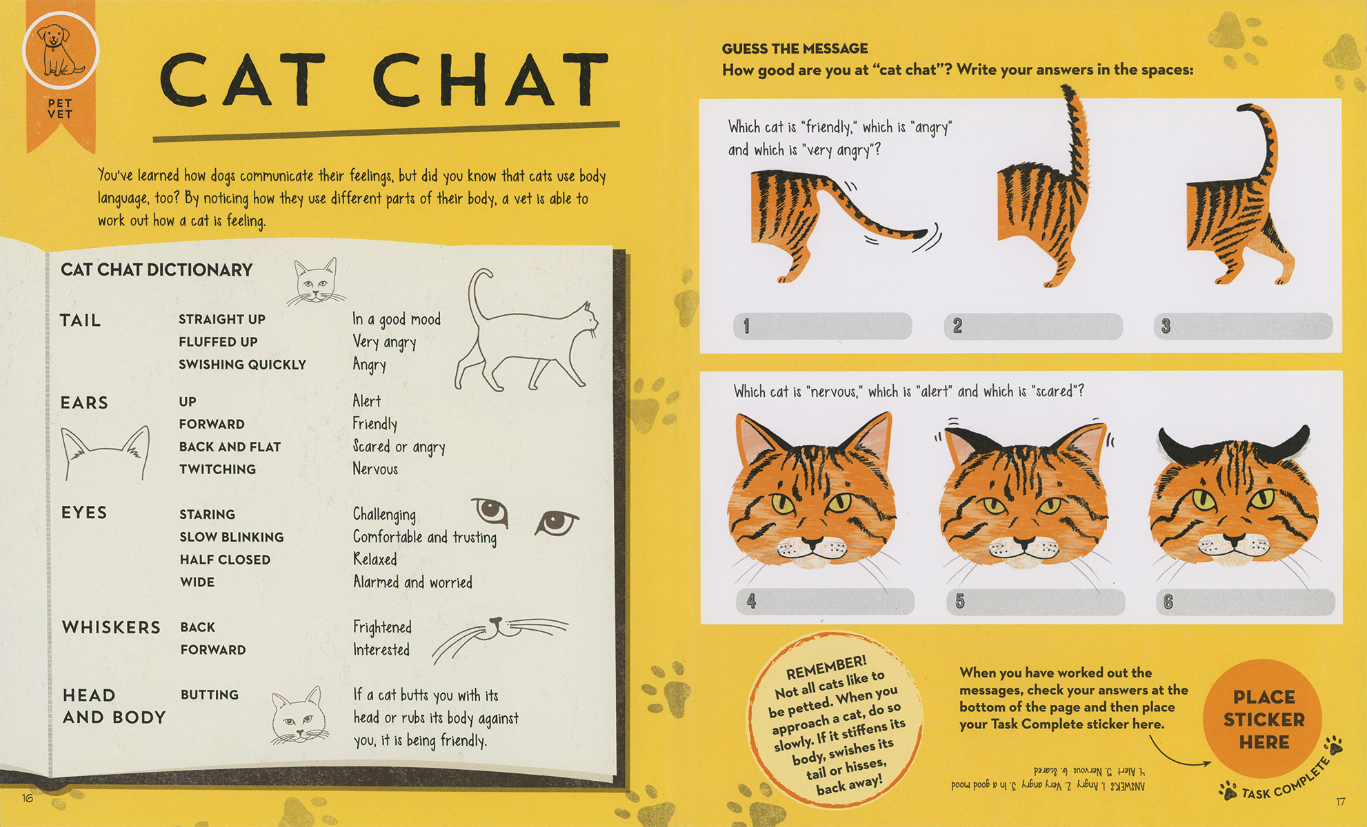 Educational page about cat communication with illustrations and text on a yellow background