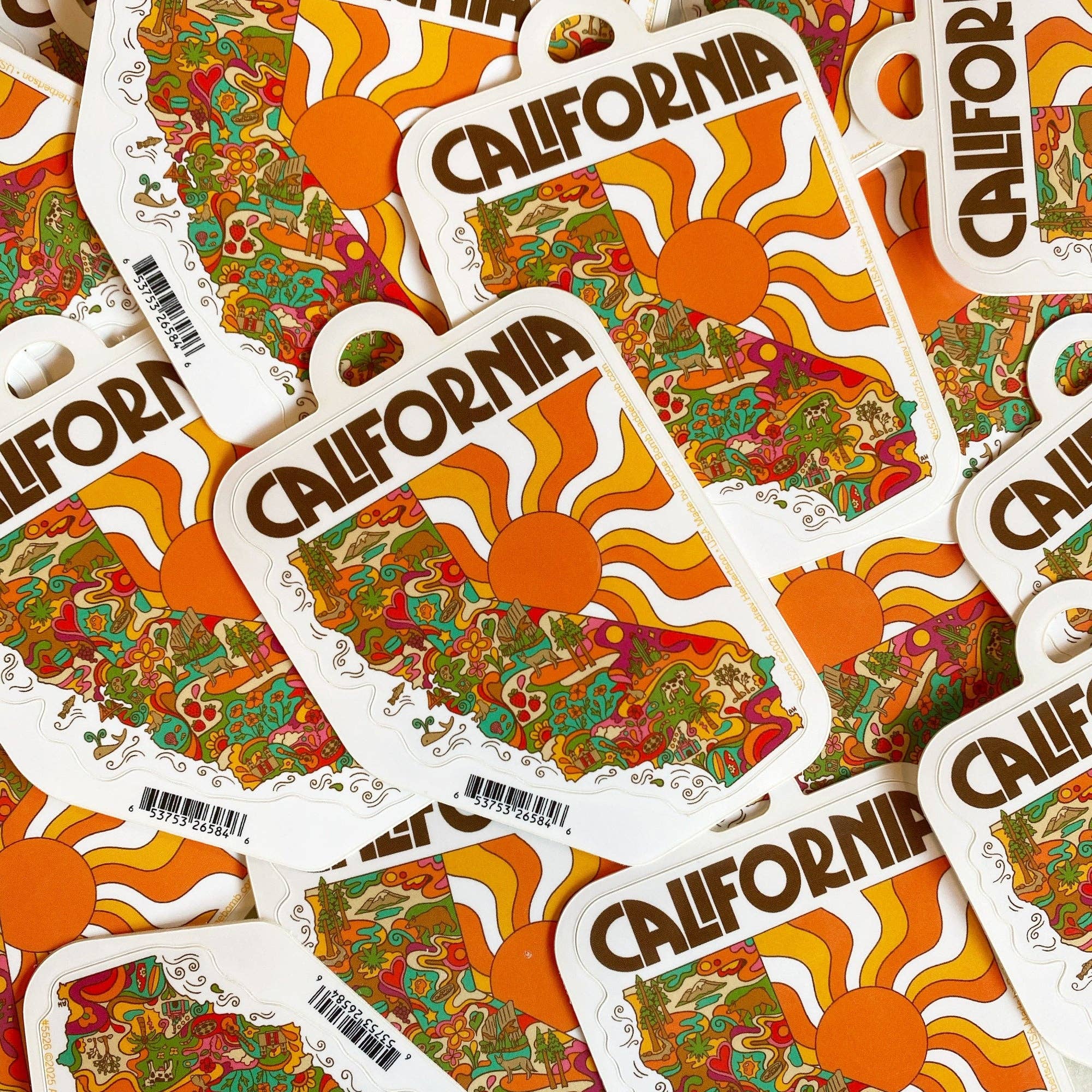 Colorful 'California' themed stickers with a retro design.