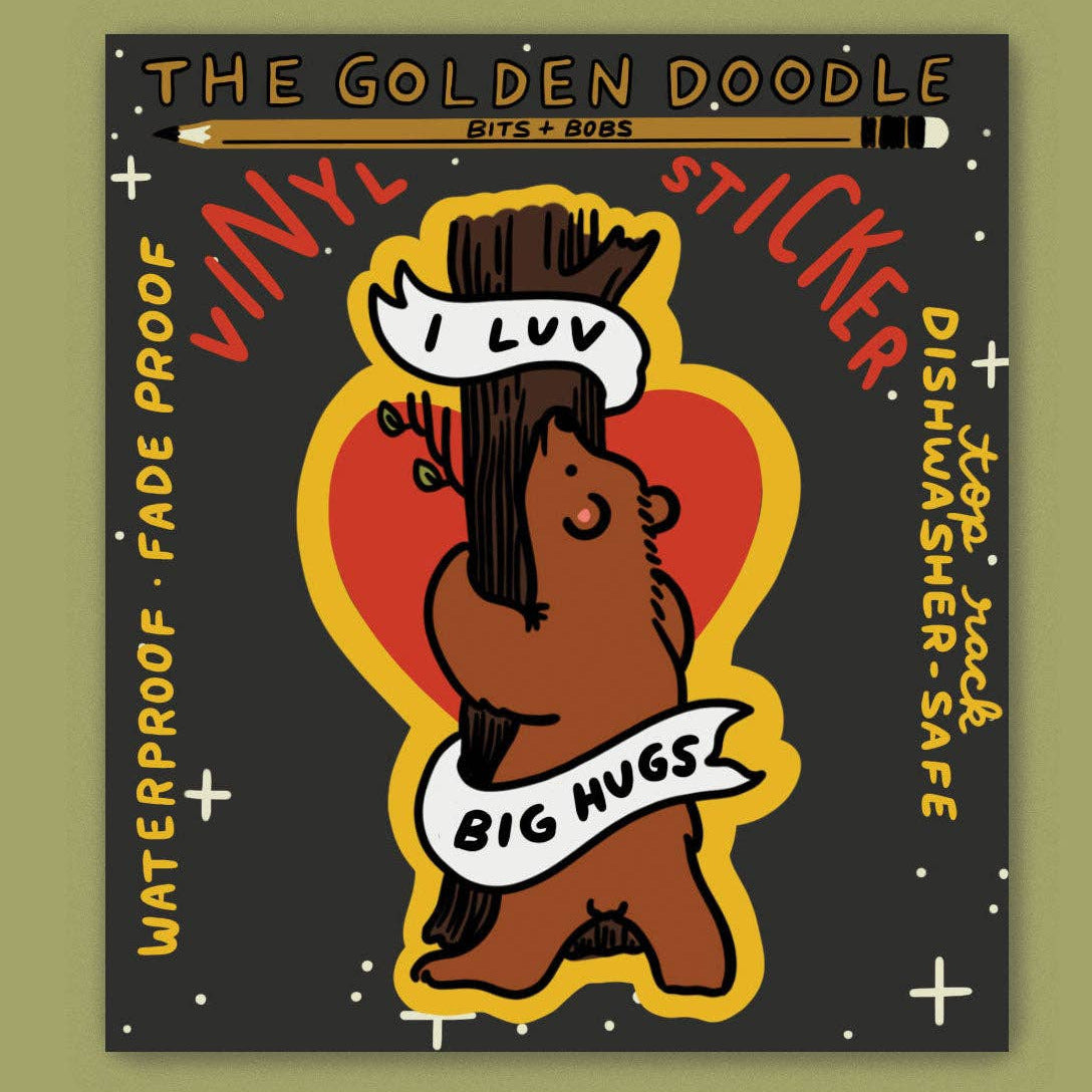 Vinyl sticker with a bear design and text on a green background