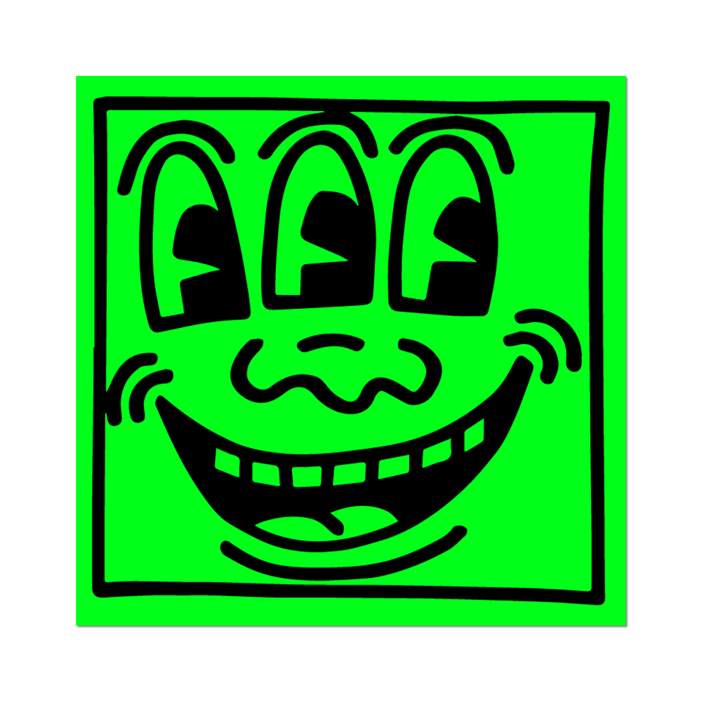 Green and black cartoonish face design on a black background