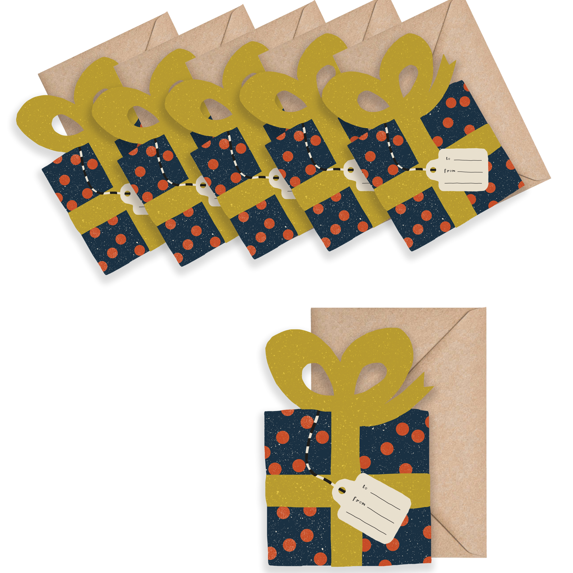 Set of gift-themed cards with envelopes on a white background