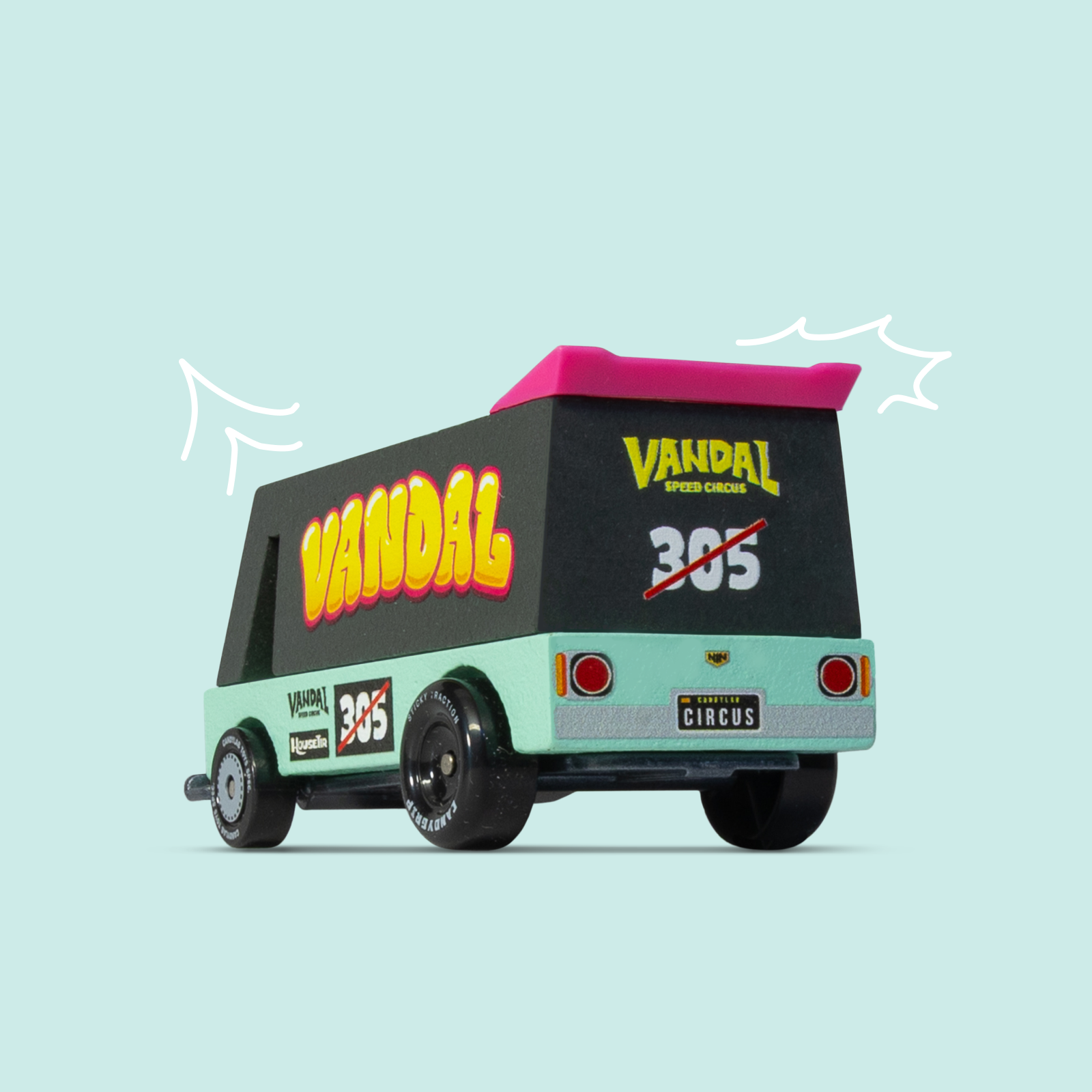 Toy van with 'Vandal' branding on a light blue background