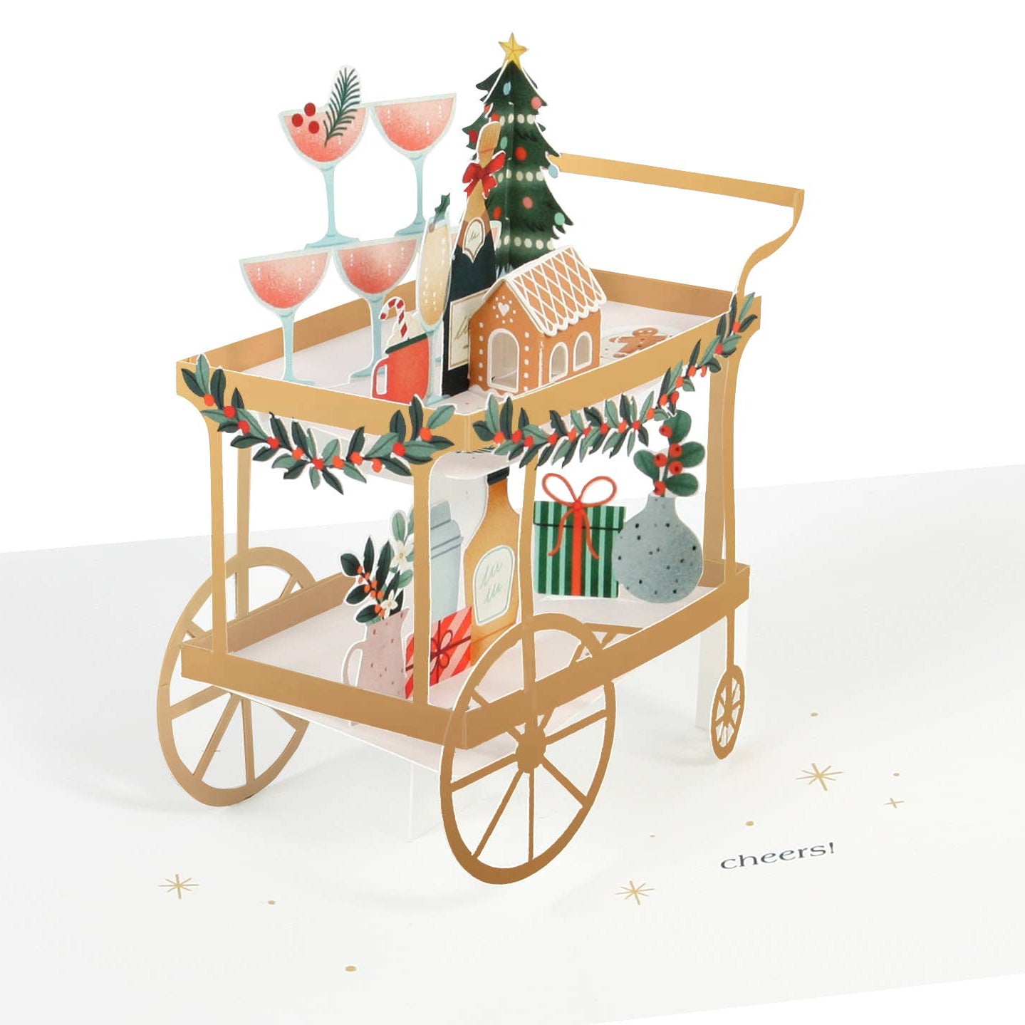 Christmas-themed bar cart with decorative items on a white background
