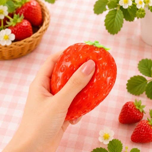 A hand holds a large, red, strawberry-shaped squishy toy against a pink and white checkered background with decorative strawberries and green leaves.