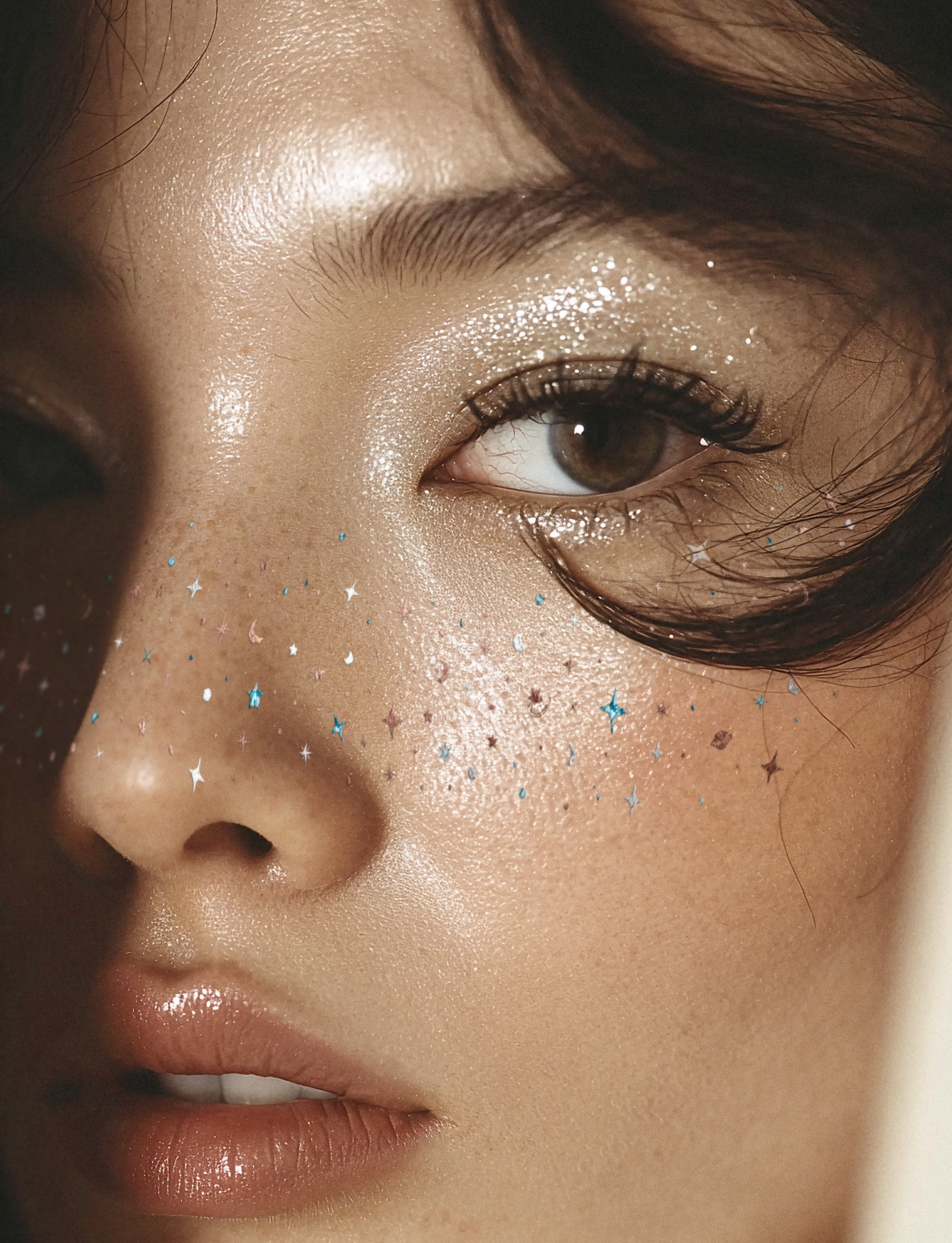 Close-up of a person's face with glitter on their skin and eyelashes.