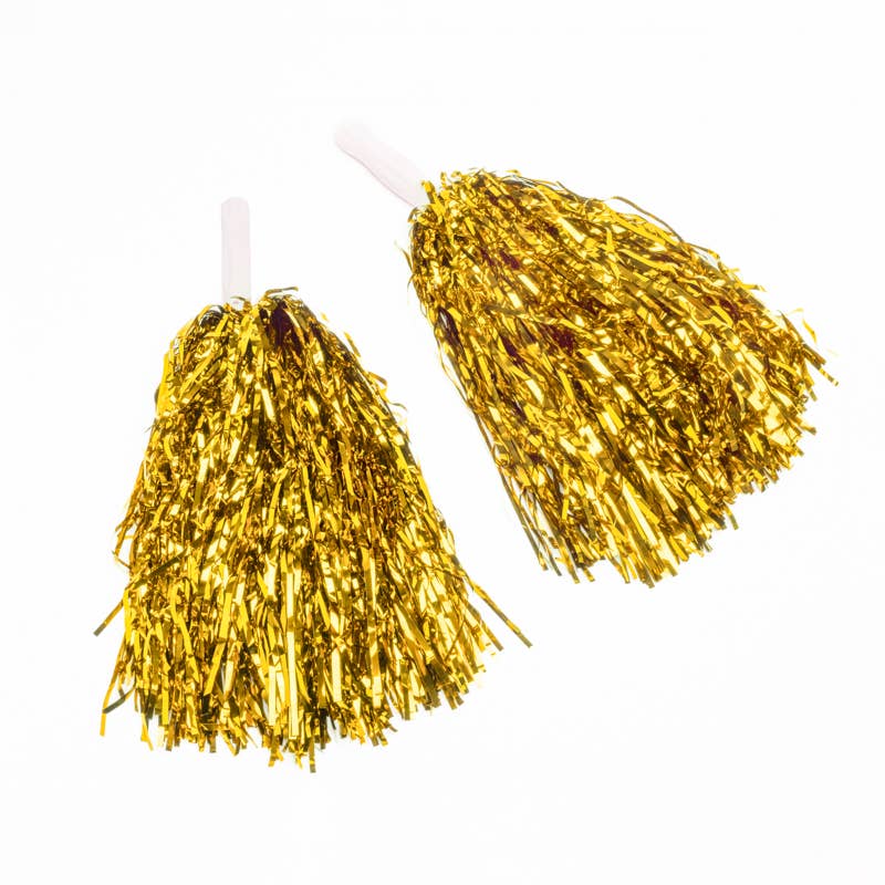 Pair of gold pom-poms on white background