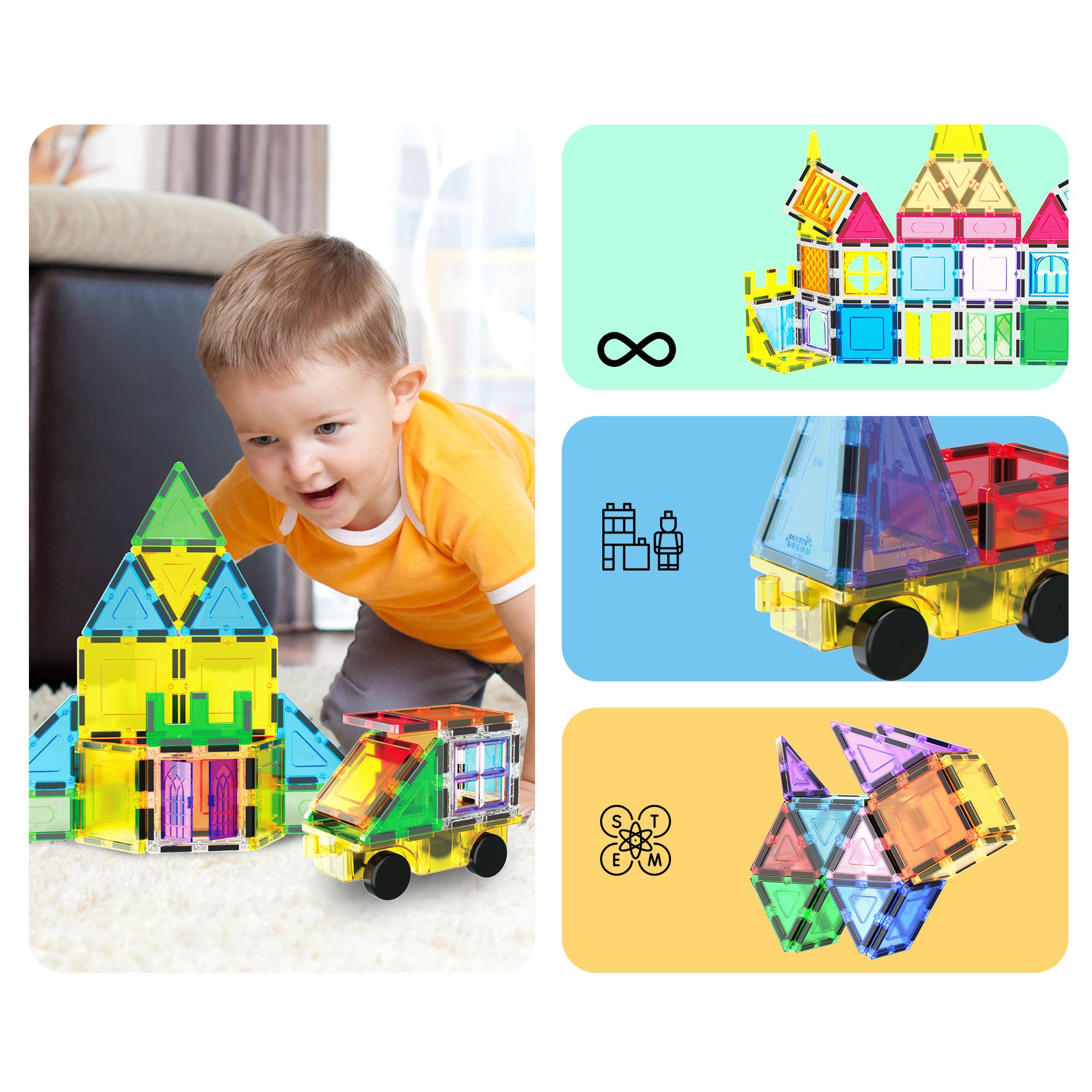 Child playing with colorful magnetic building blocks and toys, with images of block structures and symbols on a white background.