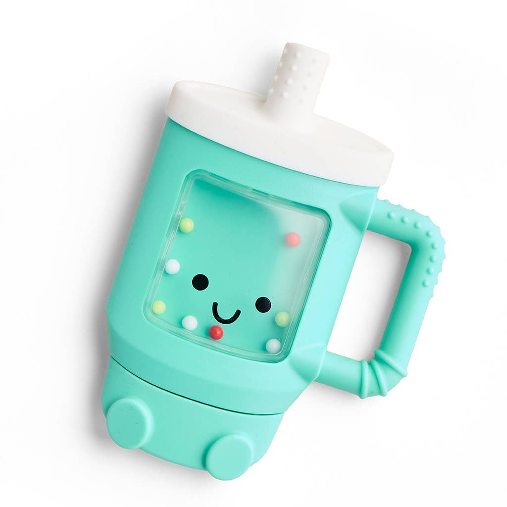 Teal children's cup with a smiley face design on a white background