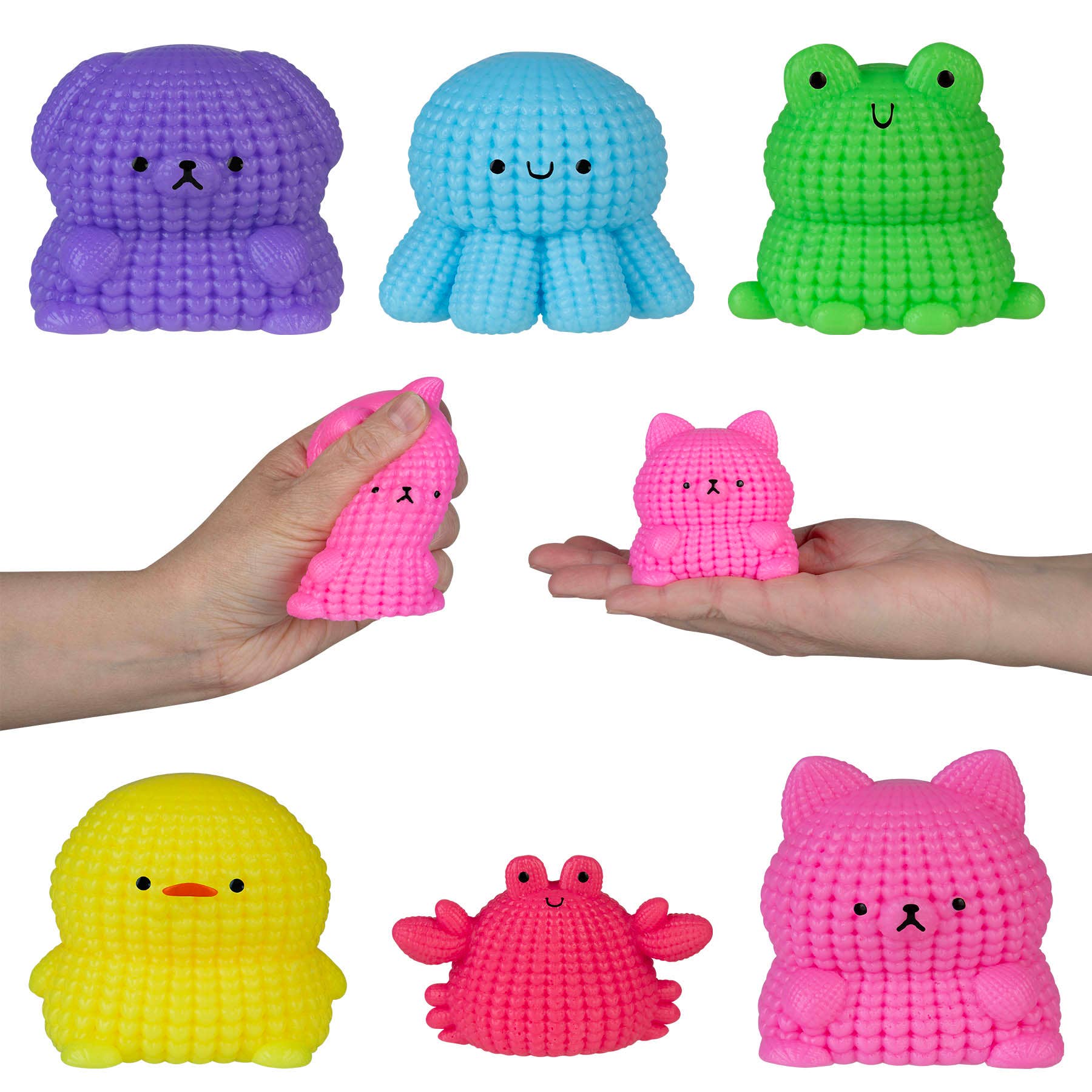 Colorful textured toys including a purple dog, blue octopus, green frog, pink cat, yellow duck, red crab, and pink cat held by hands on a white background.