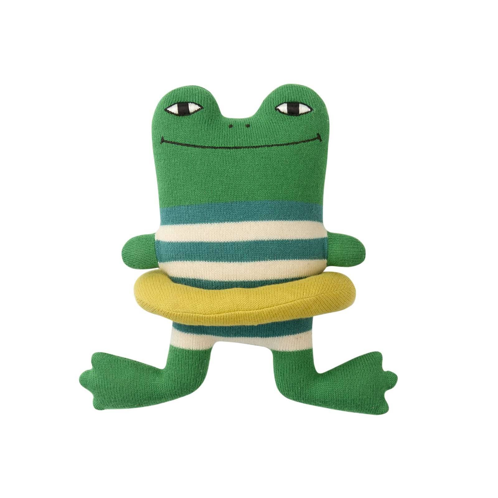 Green frog-shaped plush toy with a striped belly on a white background