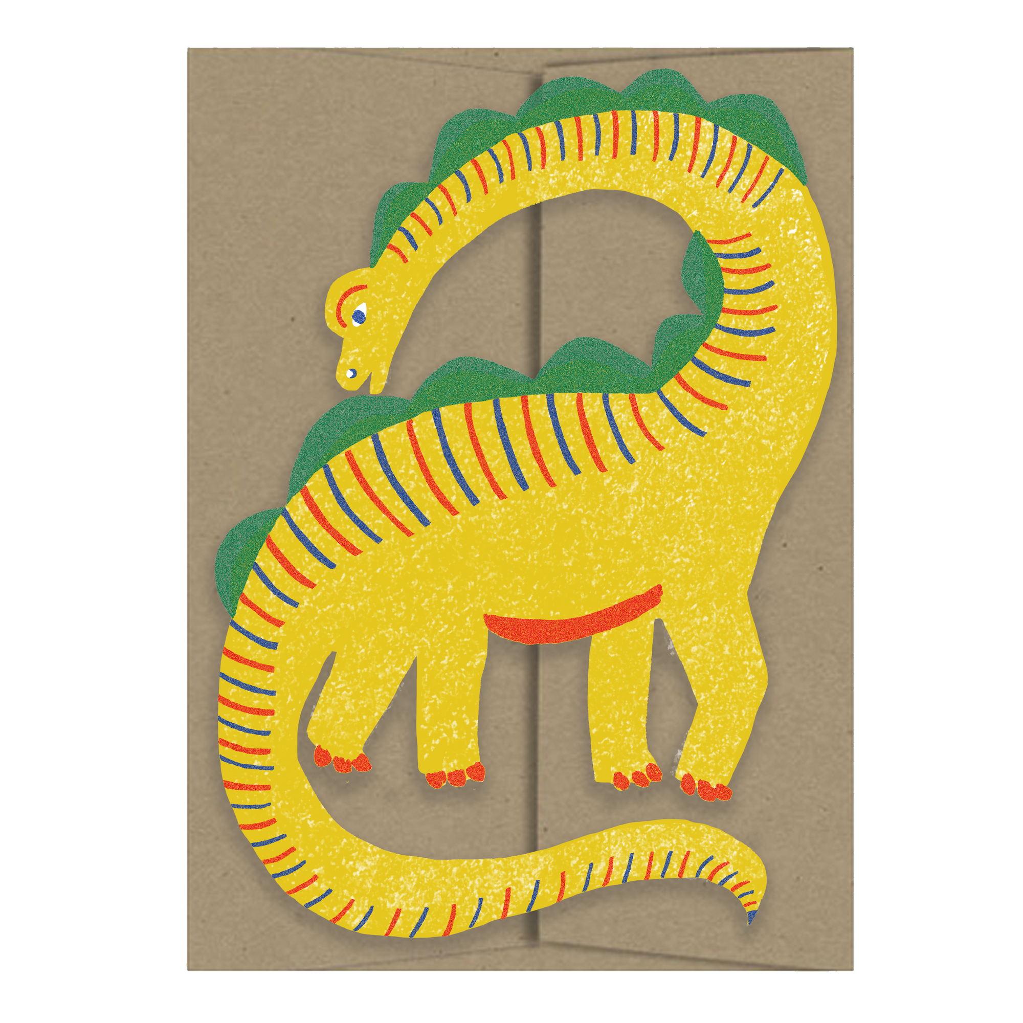 Colorful dinosaur illustration on a brown card