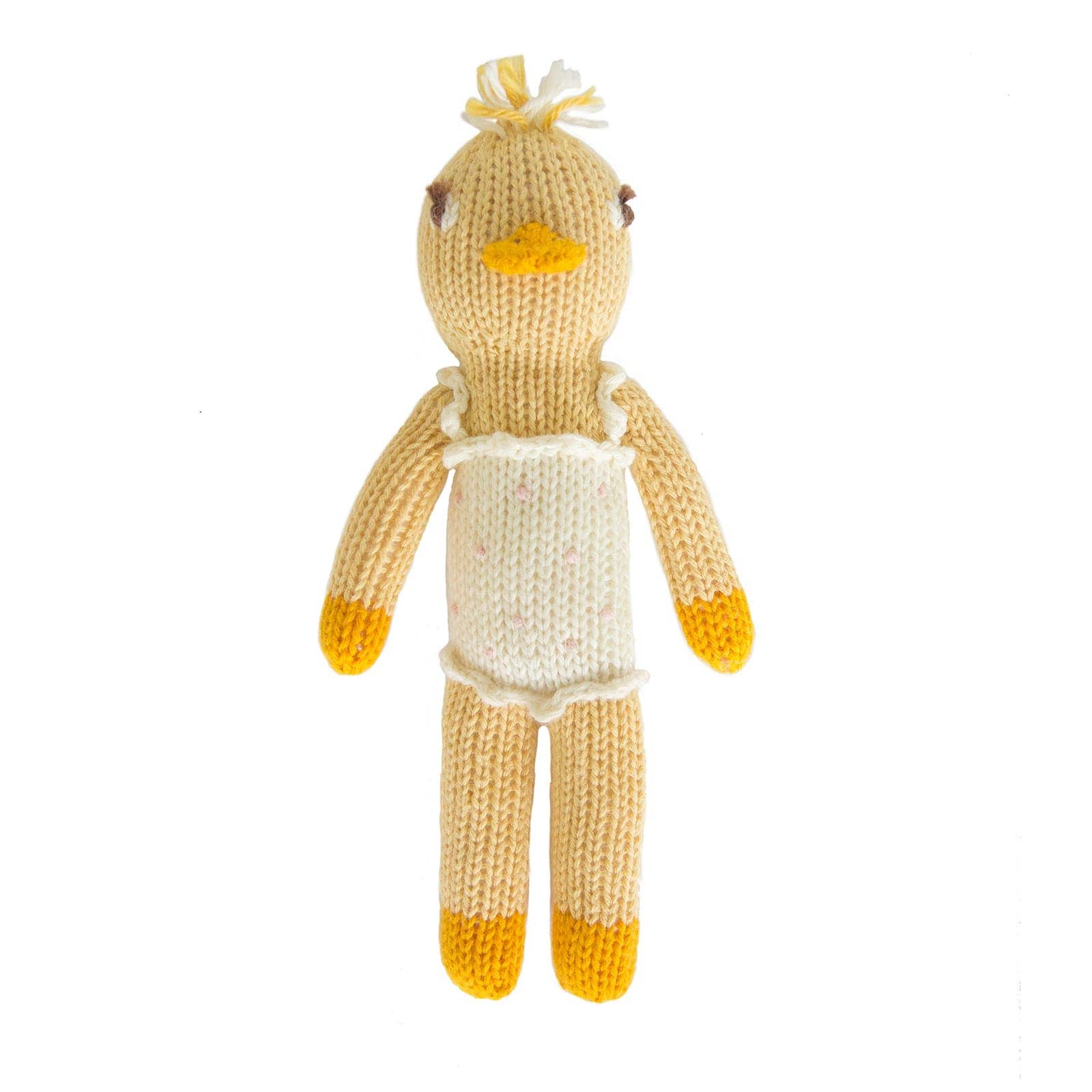 Knitted chick rattle with a white romper on a white background