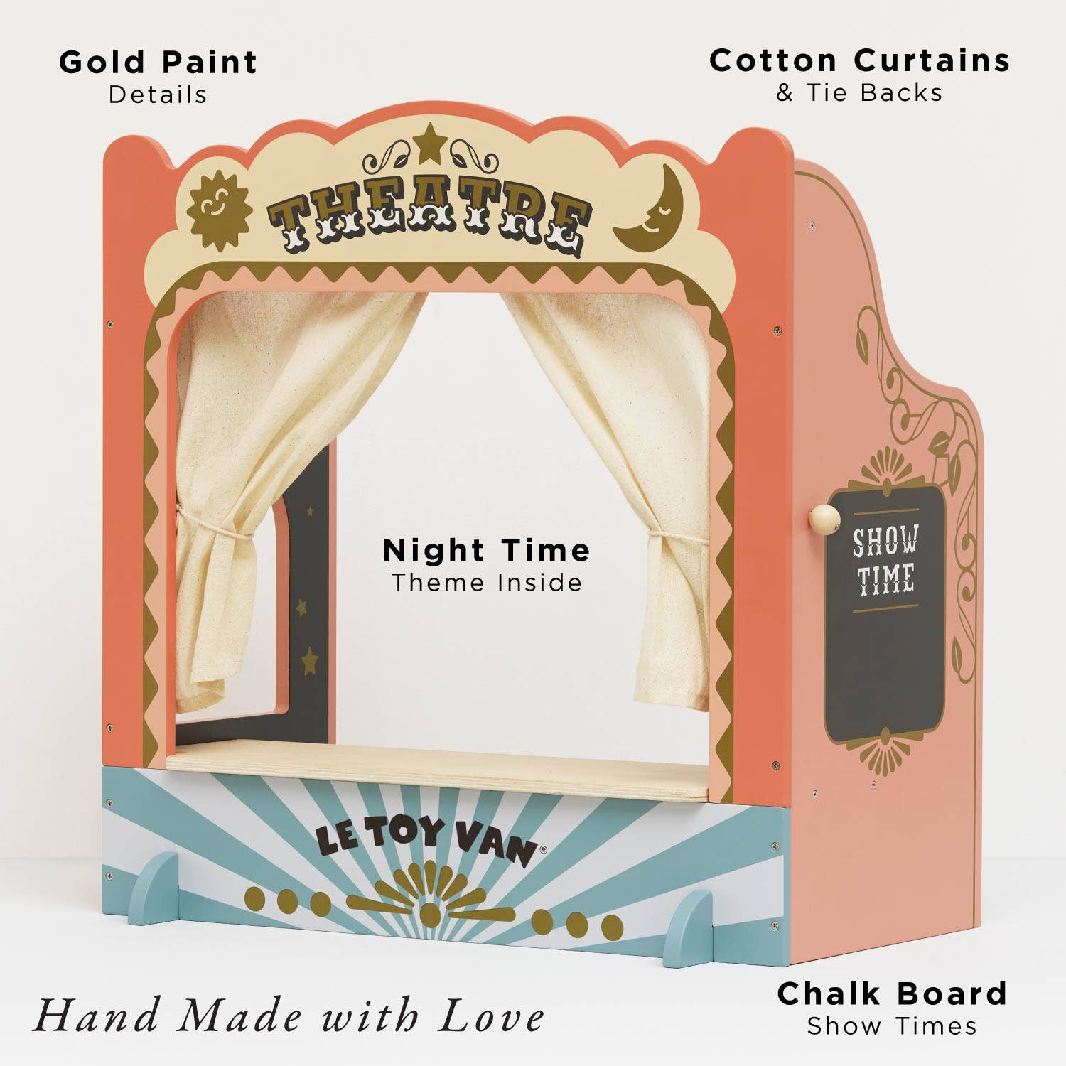 Le Toy Van theatre set with curtains and chalkboard, hand made with love, on a white background.