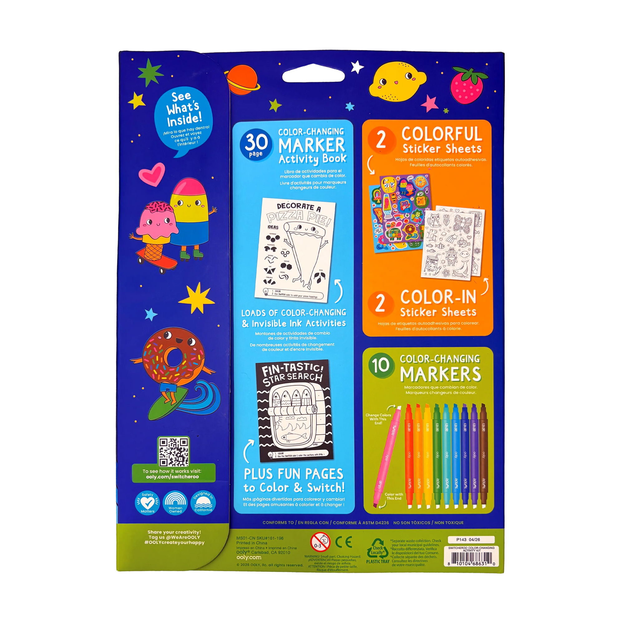 Colorful packaging of a children's activity set with markers, stickers, and an activity book.