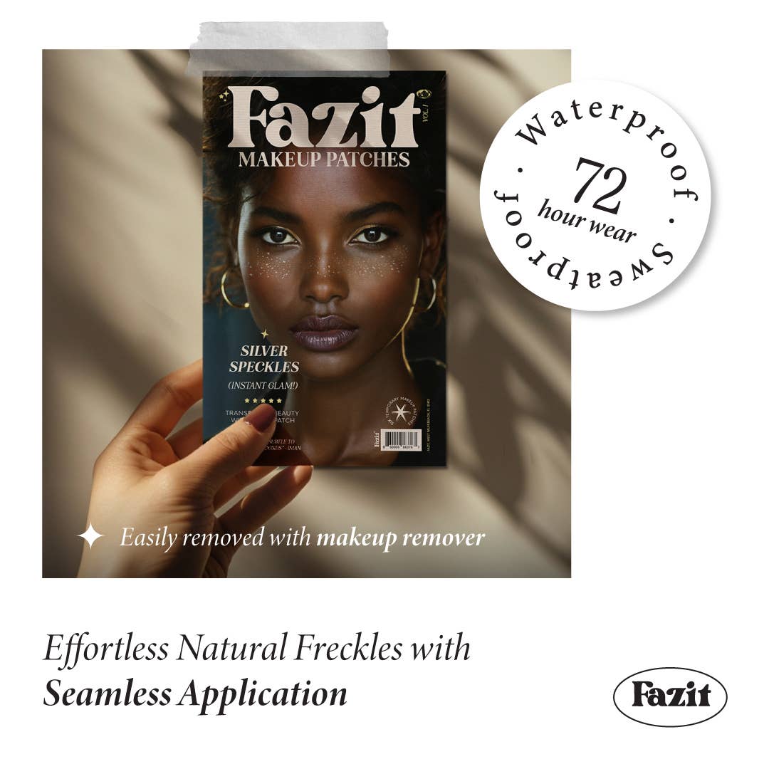 Fazit makeup patches packaging with a hand holding it, featuring a model's face on the packaging.