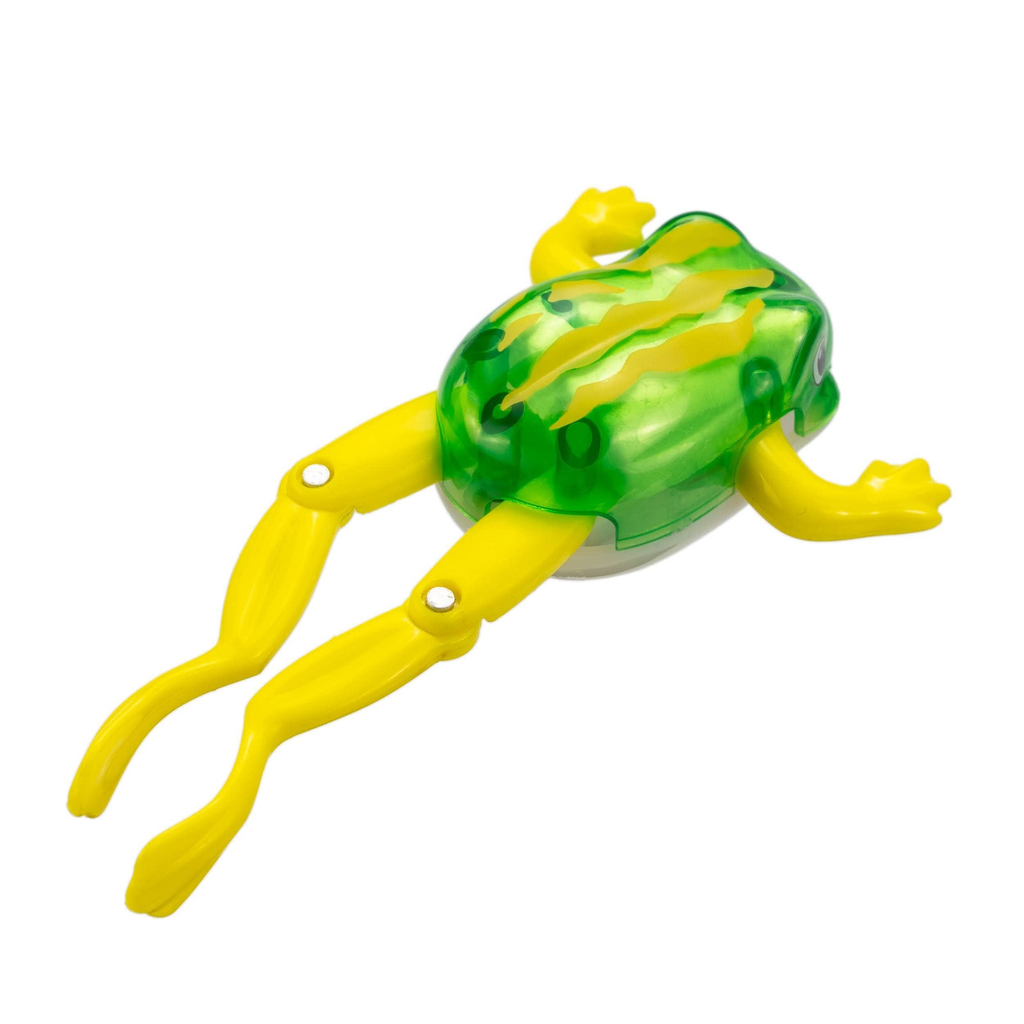Toy frog with green body and yellow legs on a white background