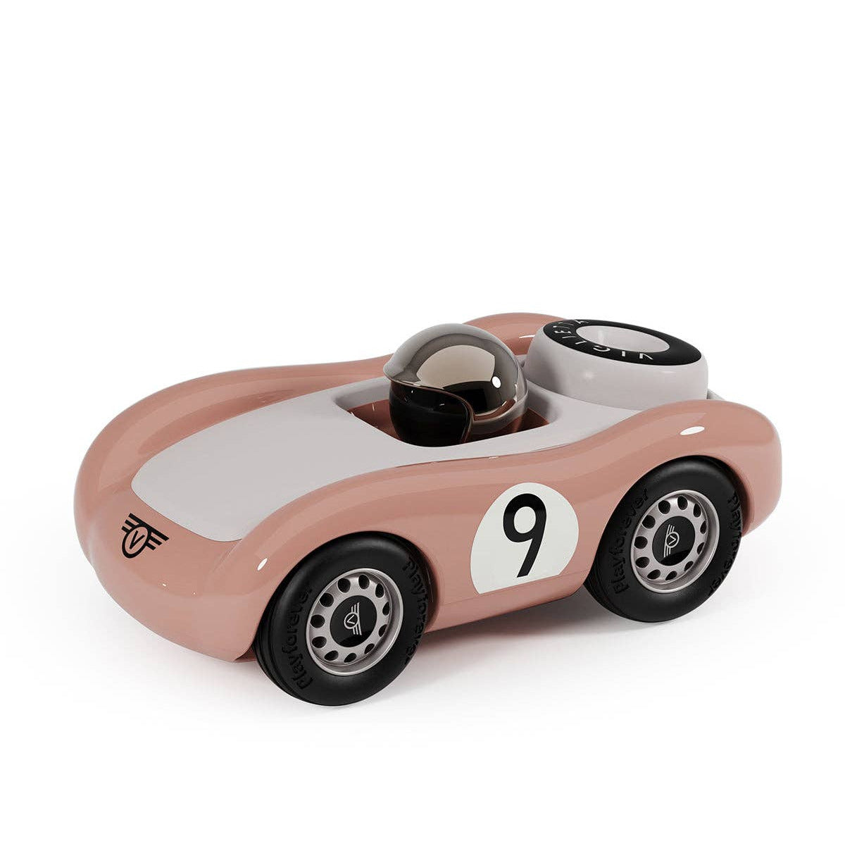 Pink toy race car with number 9 on a white background