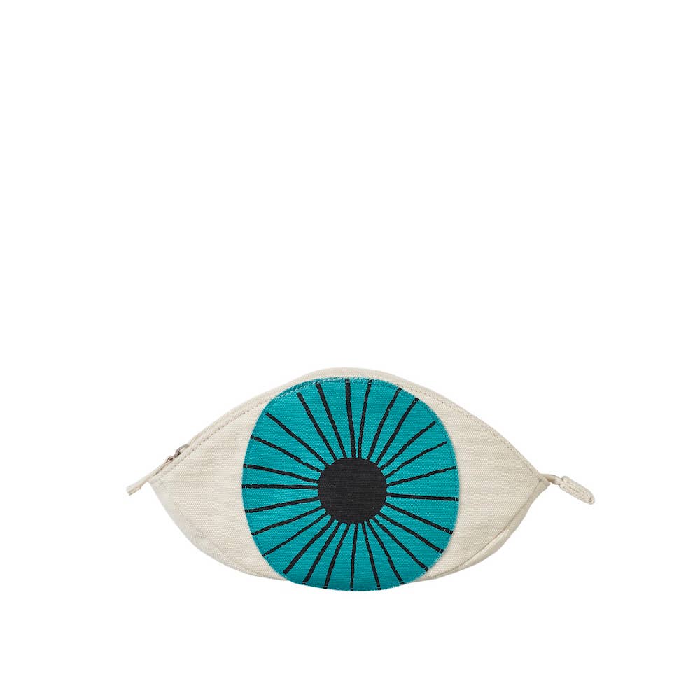 Eye-shaped pouch with blue center and beige border on a white background