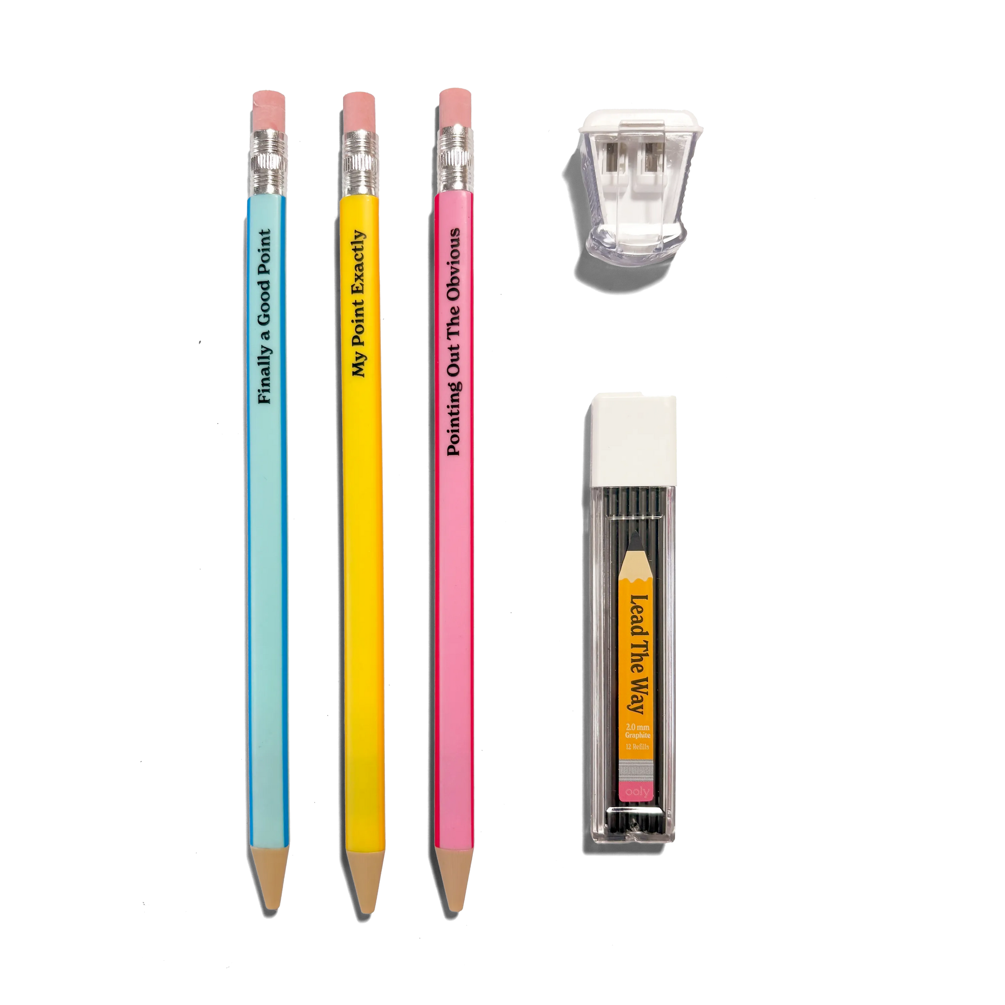 Three pencils with colorful ferrules and a pencil sharpener on a white background