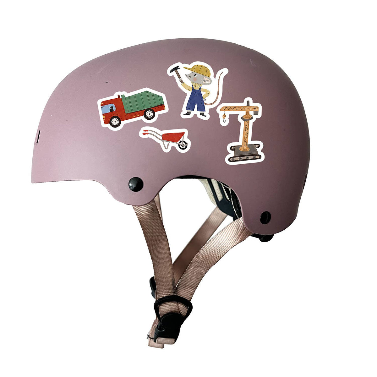 Pink helmet with construction-themed stickers on a white background