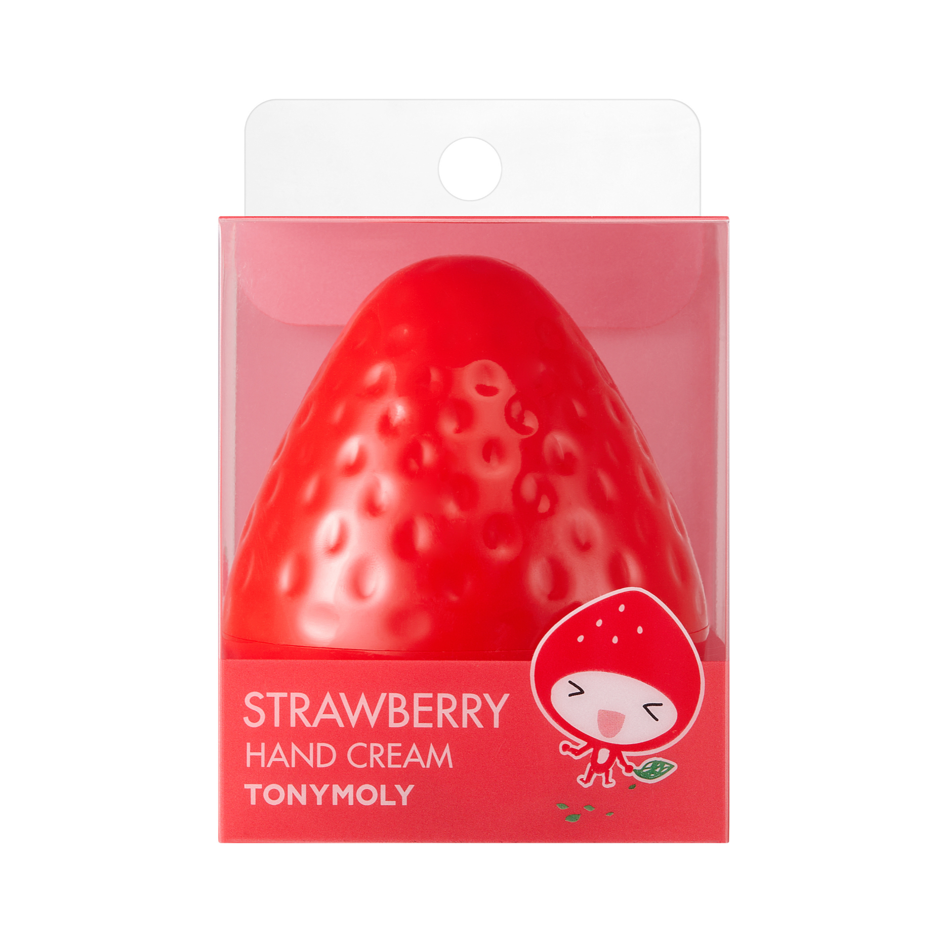 Red strawberry-shaped hand cream with Tonymoly branding on a white background